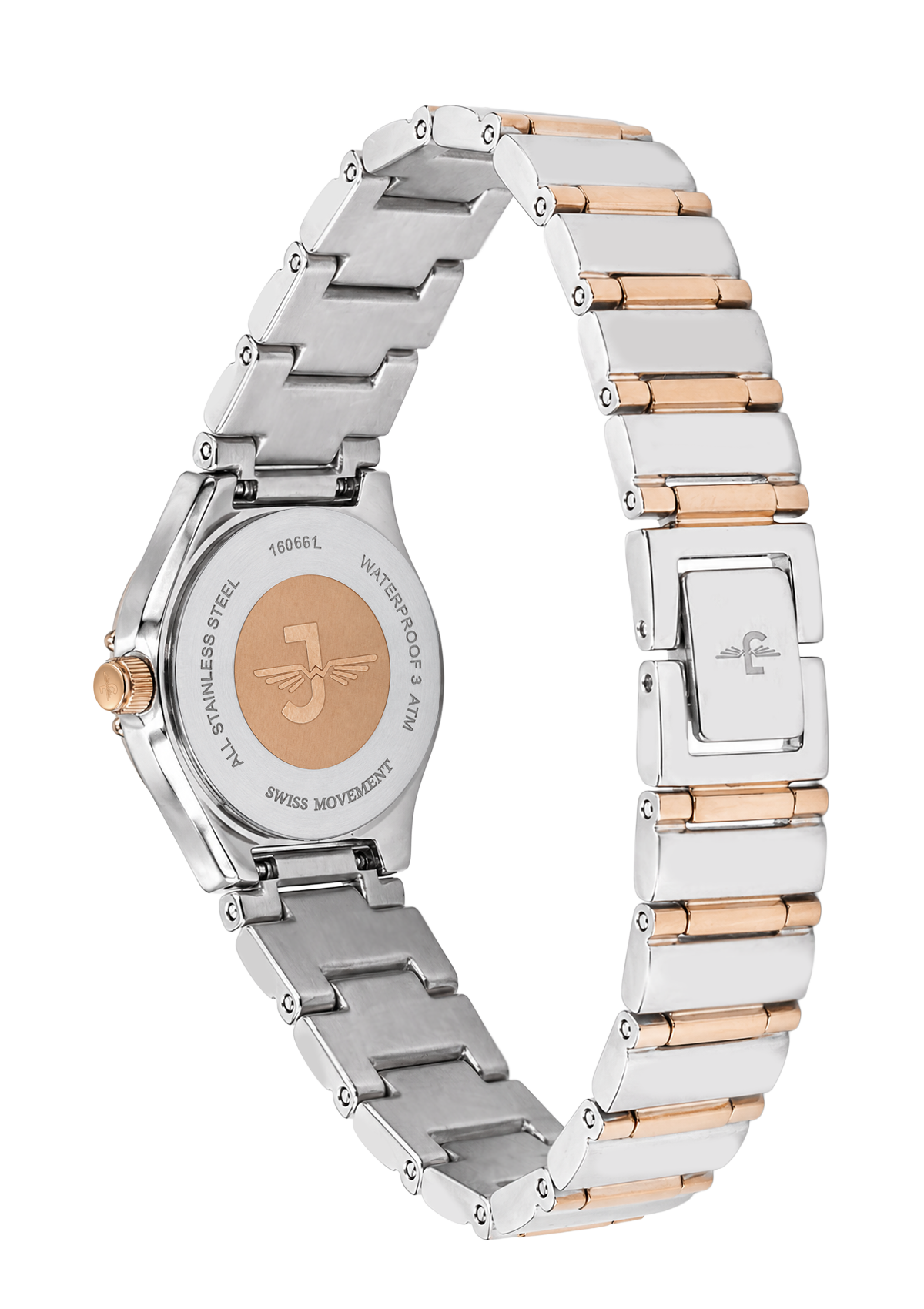 Silver and rose gold watch with a detailed face on a white background