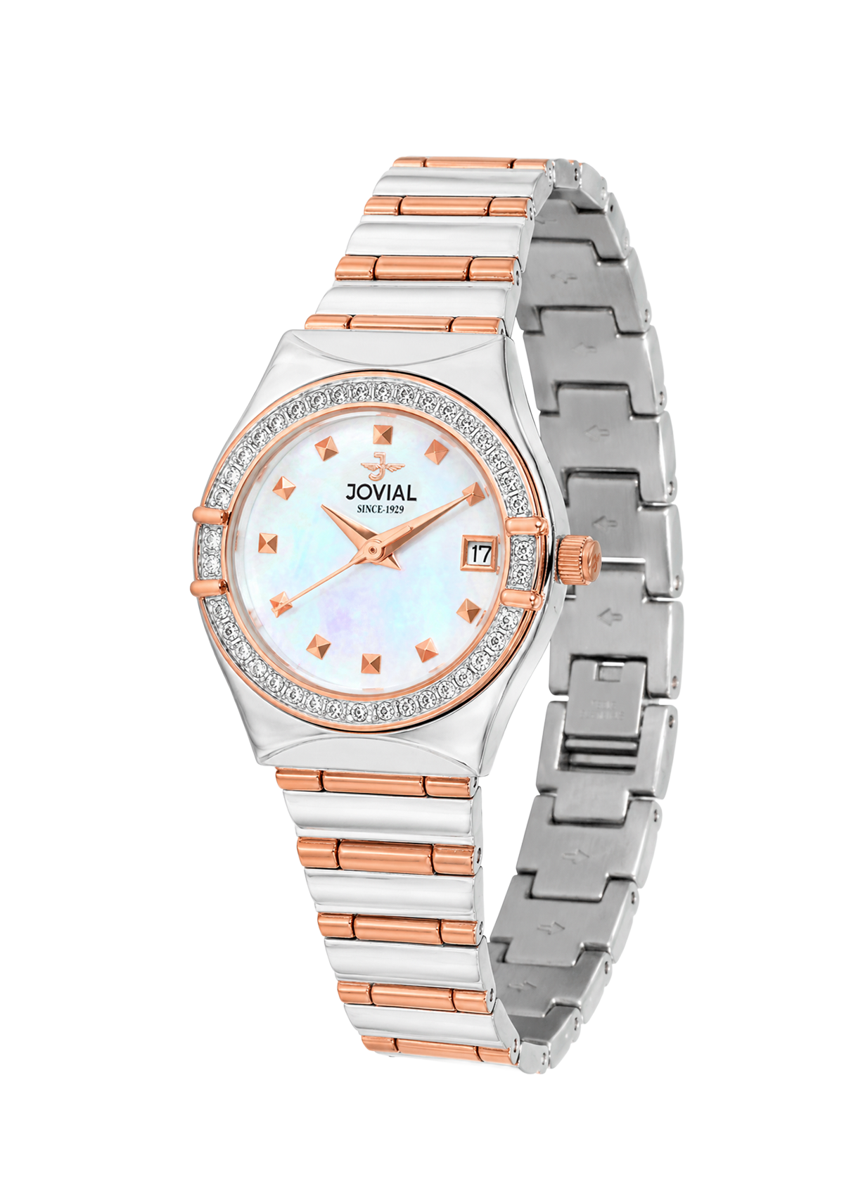 Silver and rose gold watch with diamond-studded face on a white background
