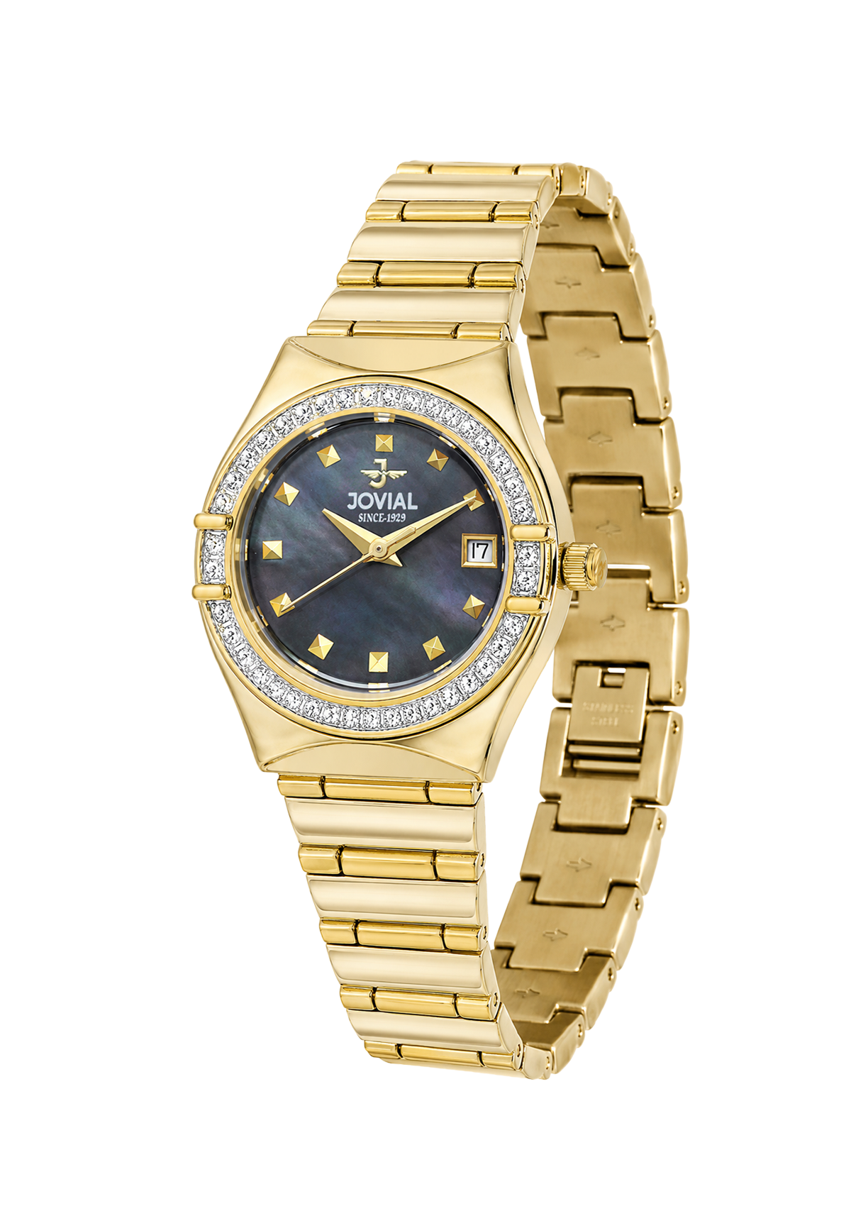 Gold wristwatch with a blue face and diamond accents on a white background