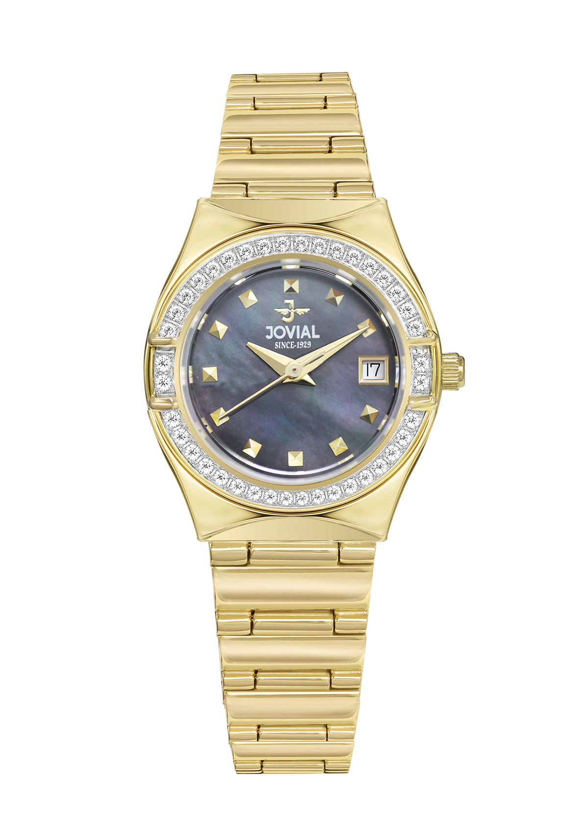 Gold watch with a diamond-studded face on a white background
