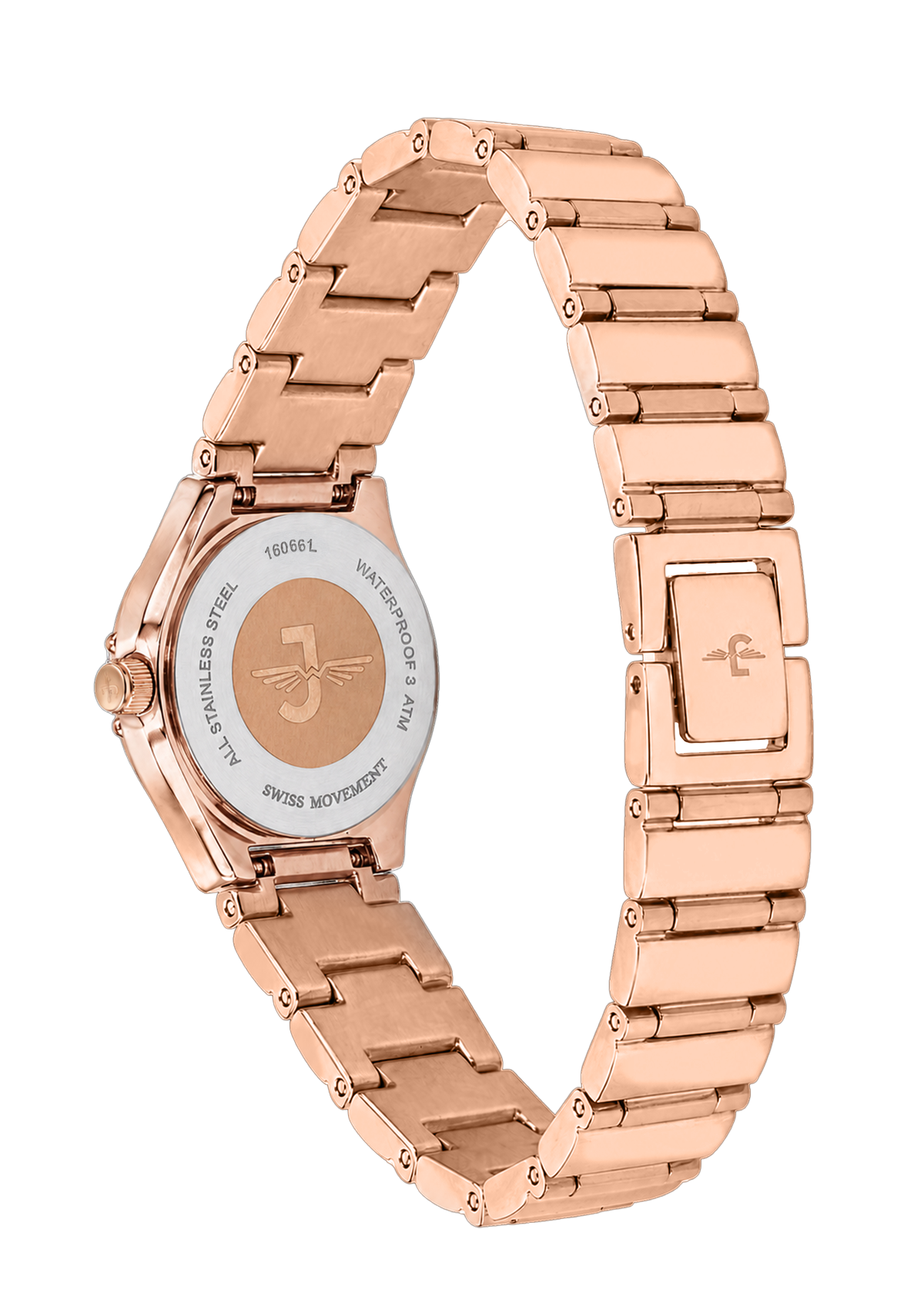 Rose gold watch with a metallic band on a white background