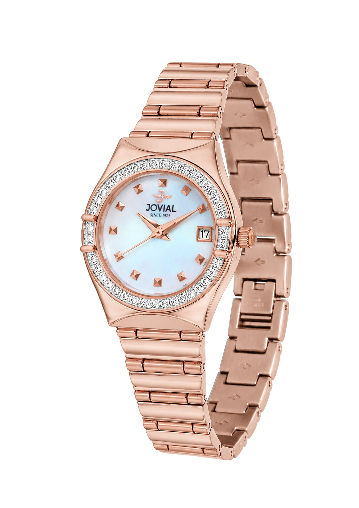 Rose gold watch with diamond-studded bezel on a white background