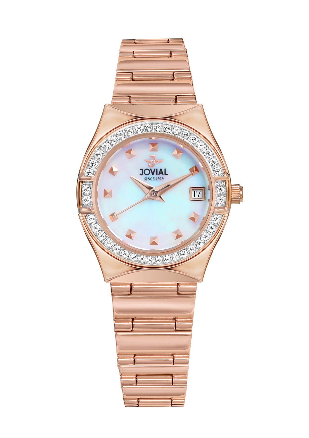 Rose gold watch with a light blue face on a white background