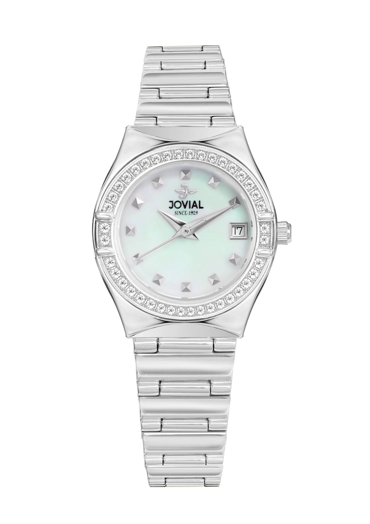 Silver watch with a light green face on a white background