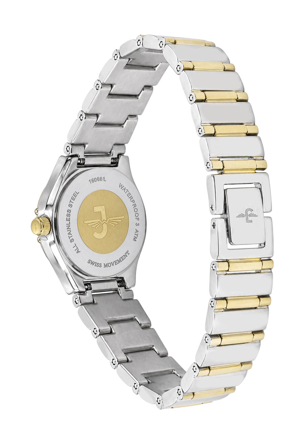 Two-tone silver and gold watch with a visible brand logo on a white background