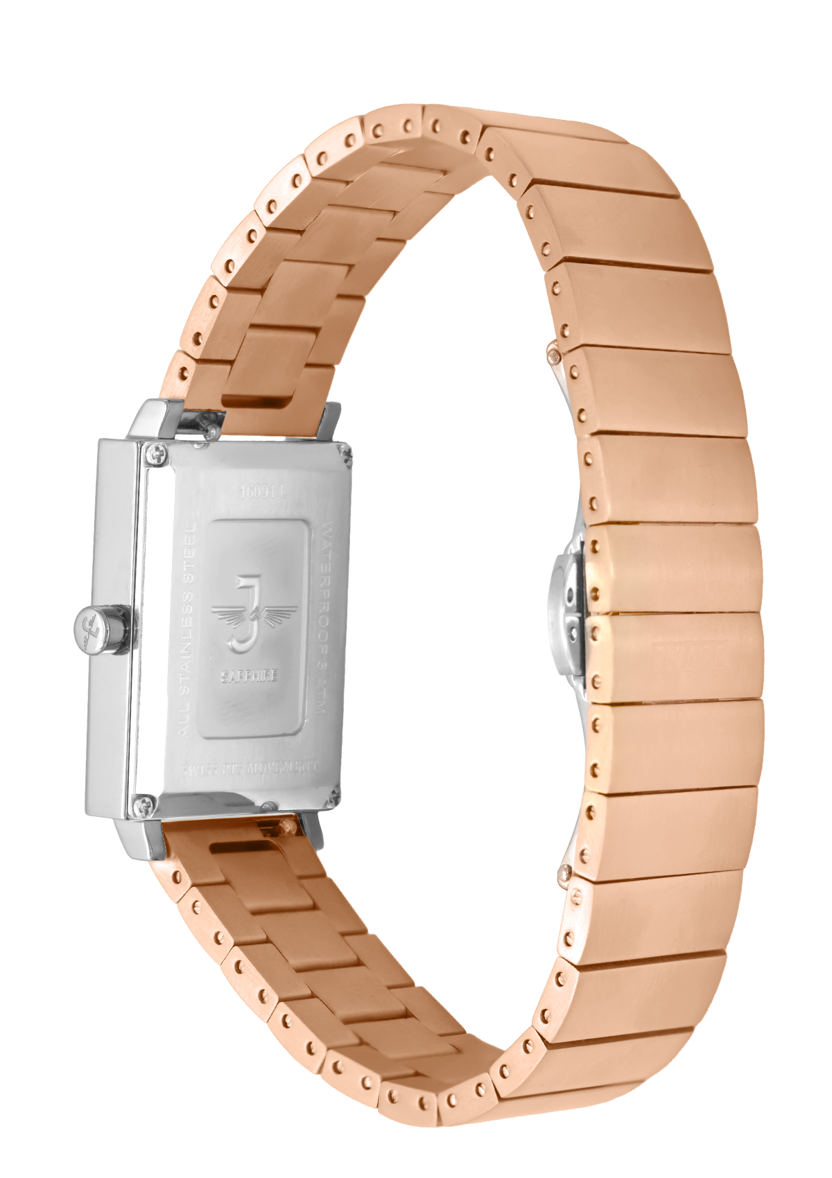 Watch with a rose gold metal strap on a white background