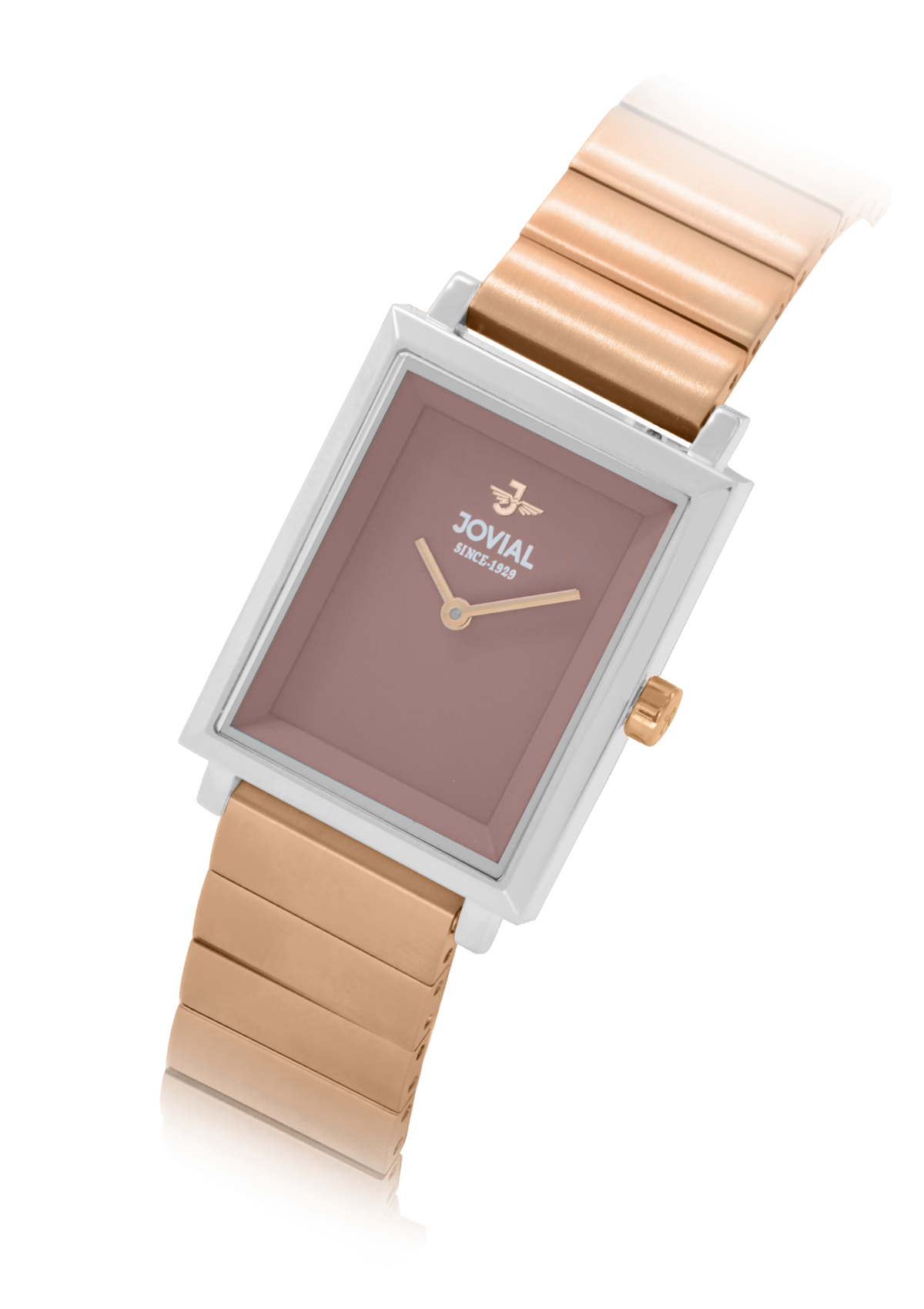 Wristwatch with a rose gold strap and square brown dial on a white background