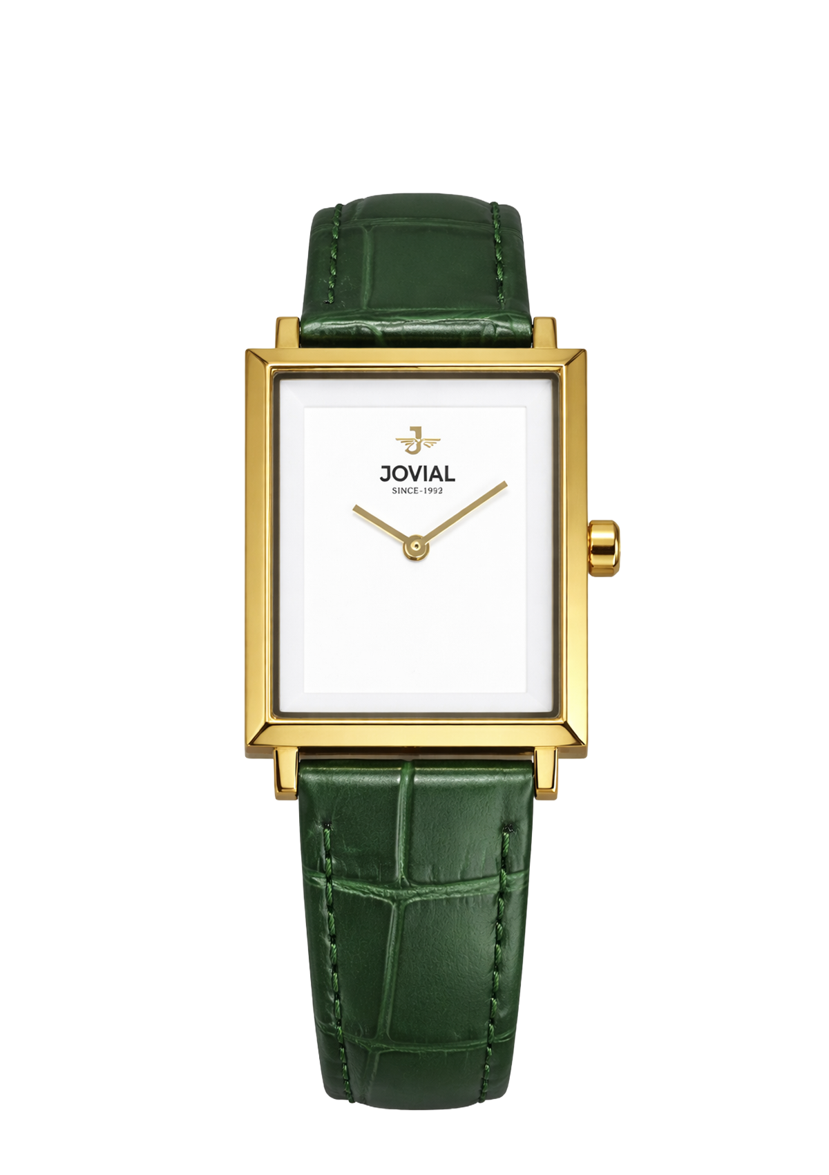Green watch with gold case and white face on a white background