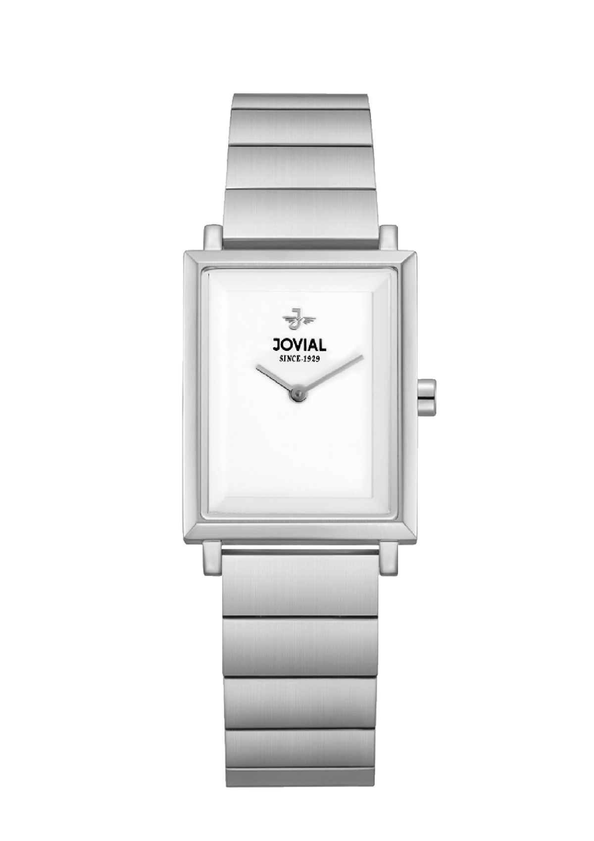 Silver watch with a rectangular face on a white background