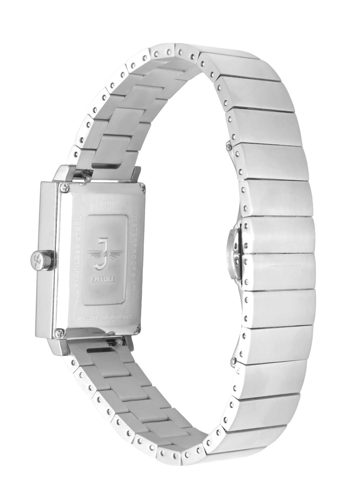 Silver watch with a metallic band on a white background