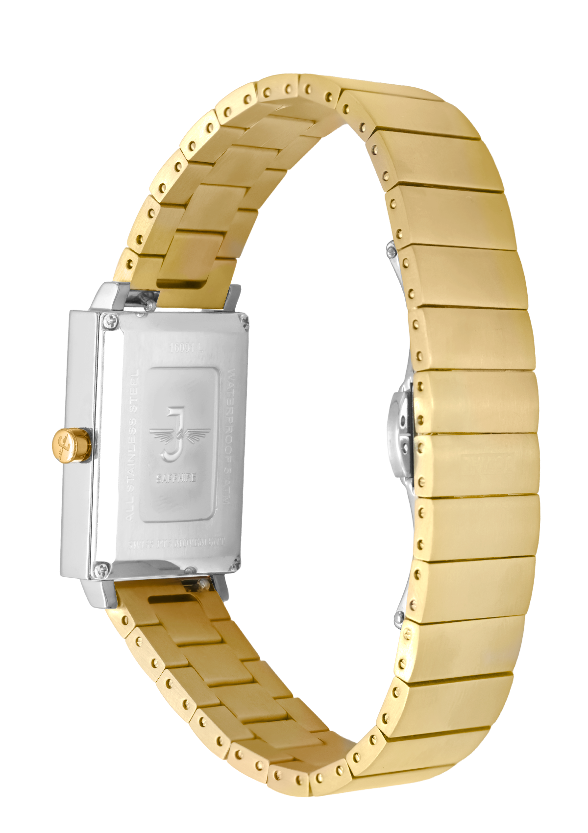 Gold watch with a silver case on a white background