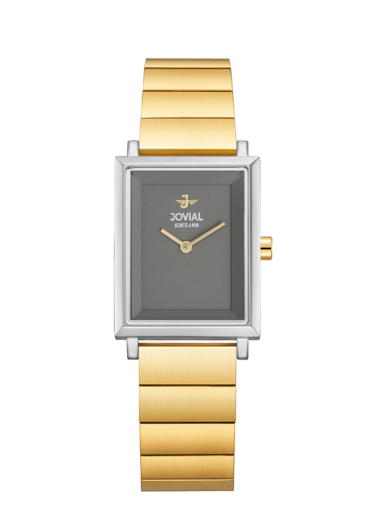 Gold and silver watch with a gray face on a white background