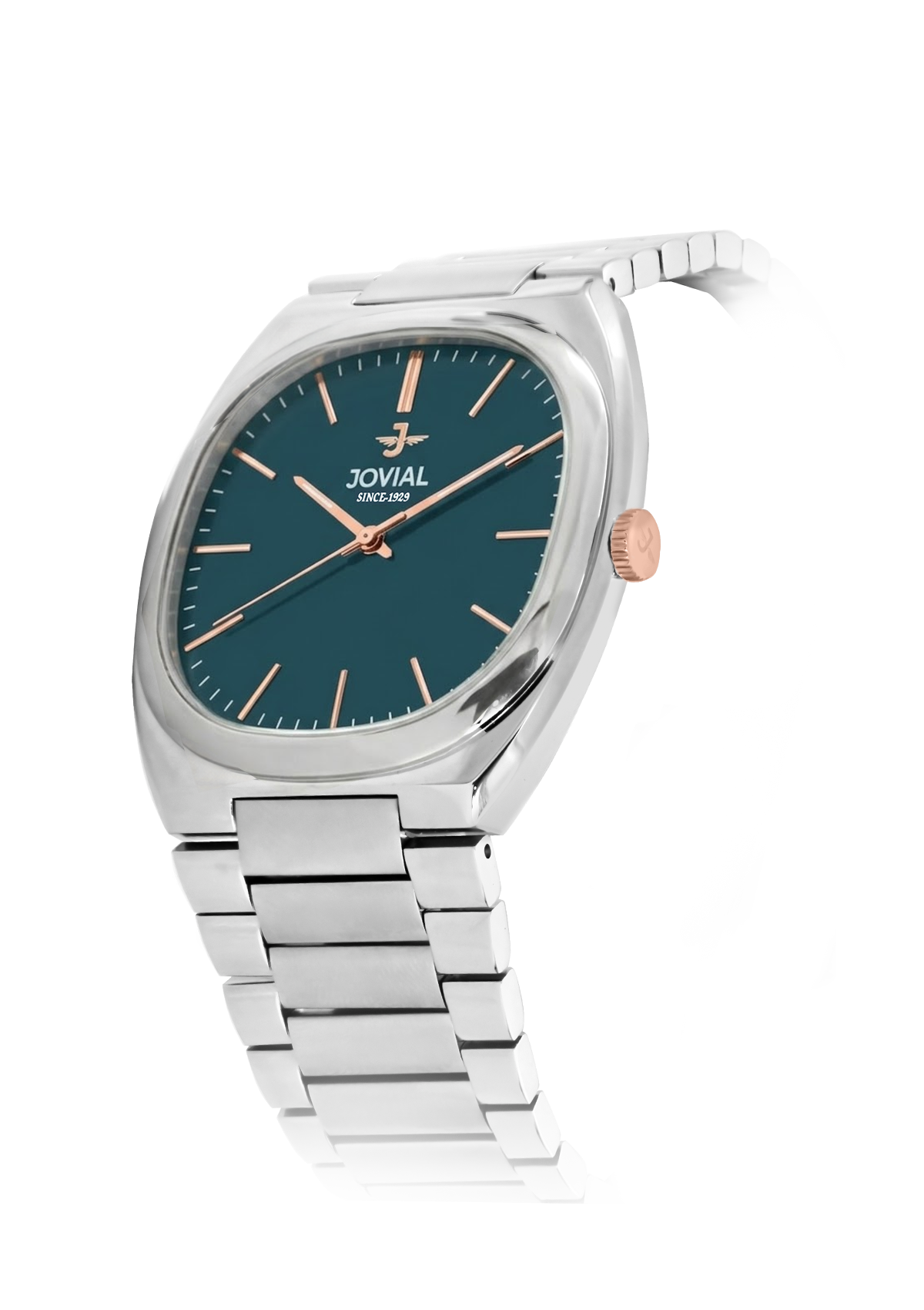 Silver watch with a blue dial on a white background