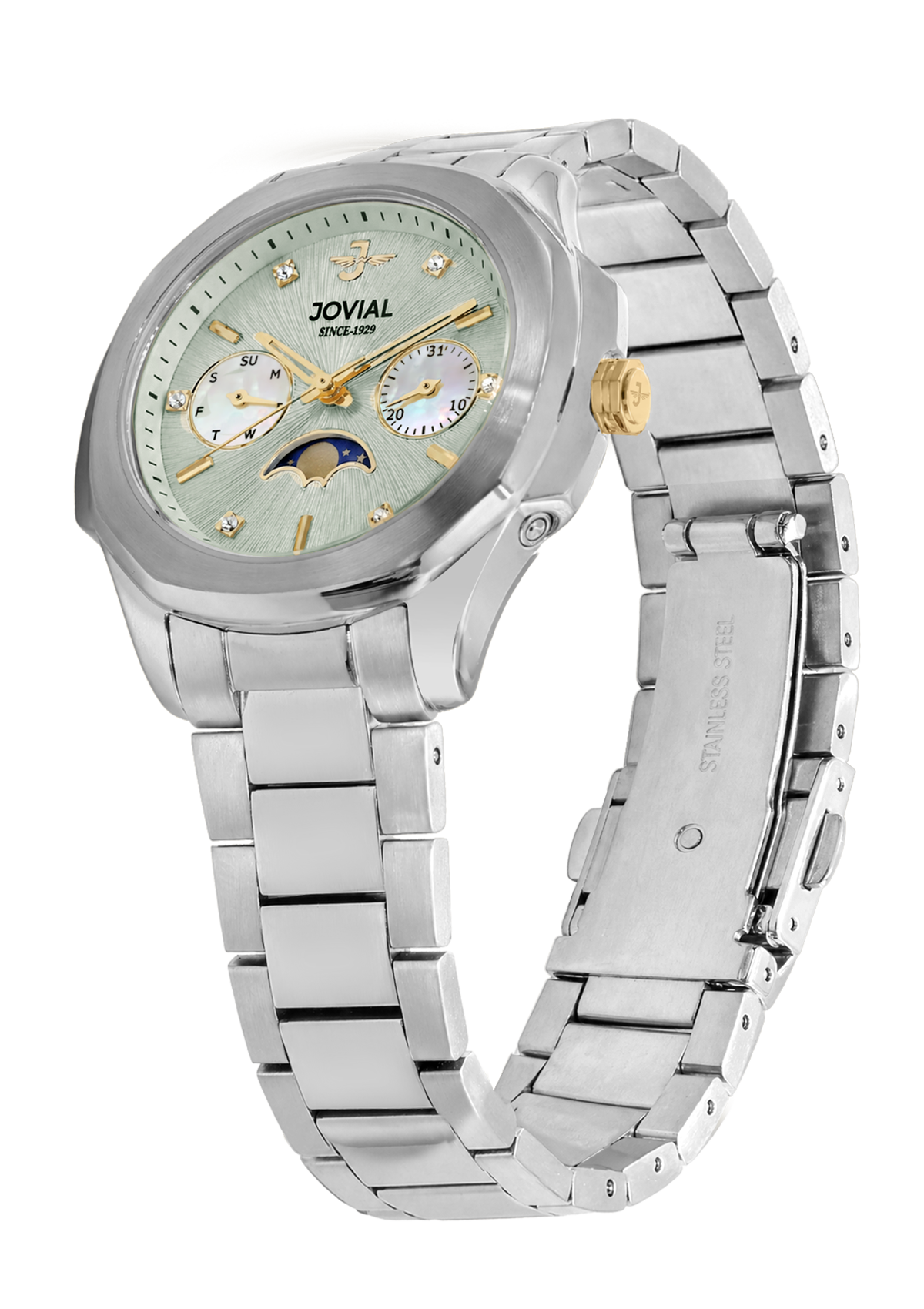 Silver watch with a detailed face on a white background
