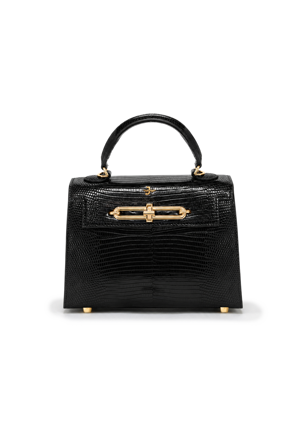 Black handbag with gold accents on a white background