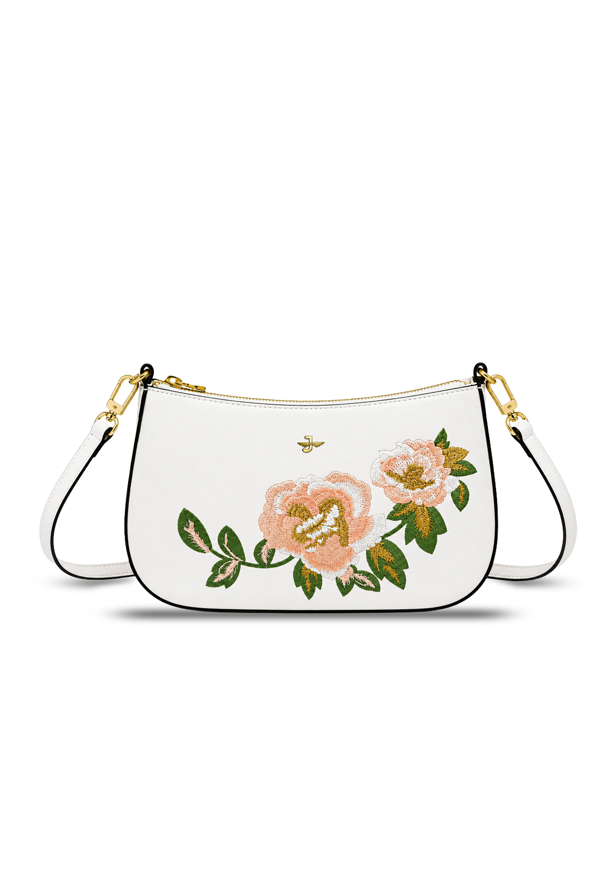 White handbag with floral embroidery on a white background