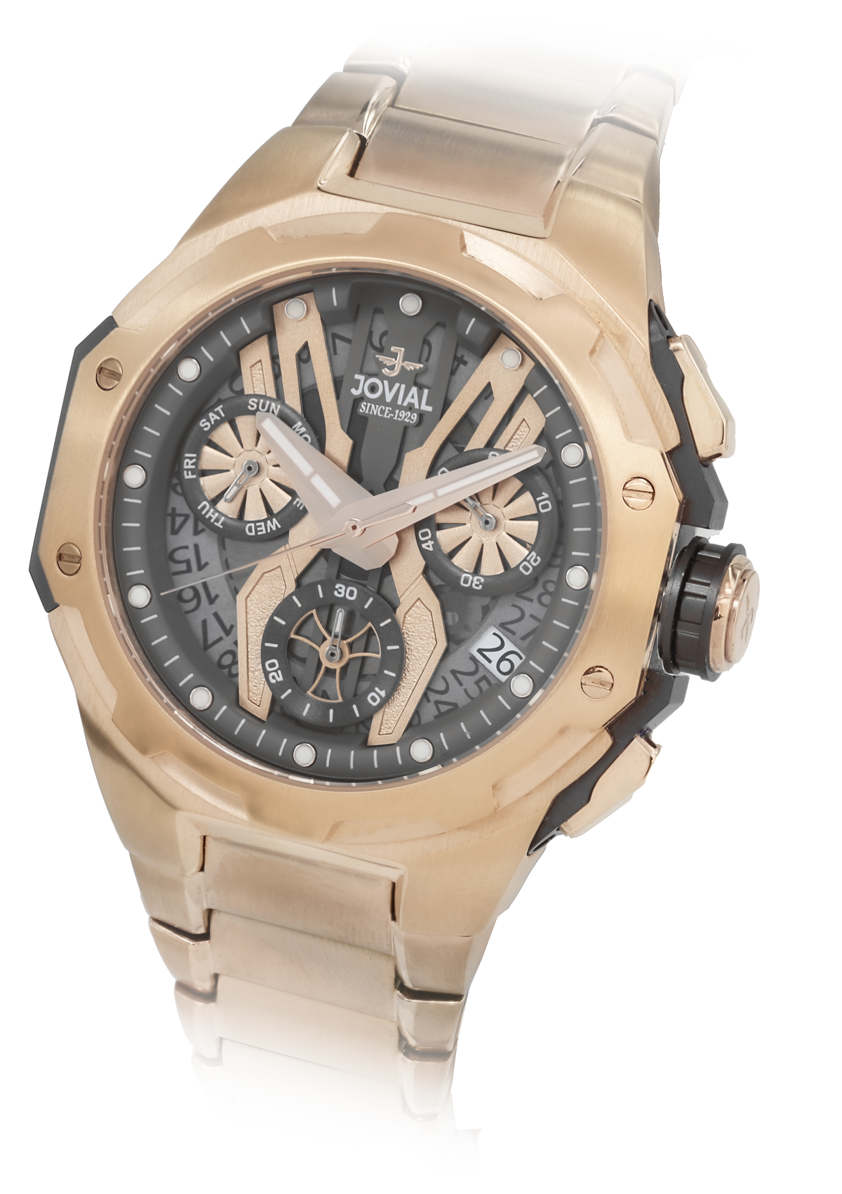 Gold and black watch with detailed face on a white background
