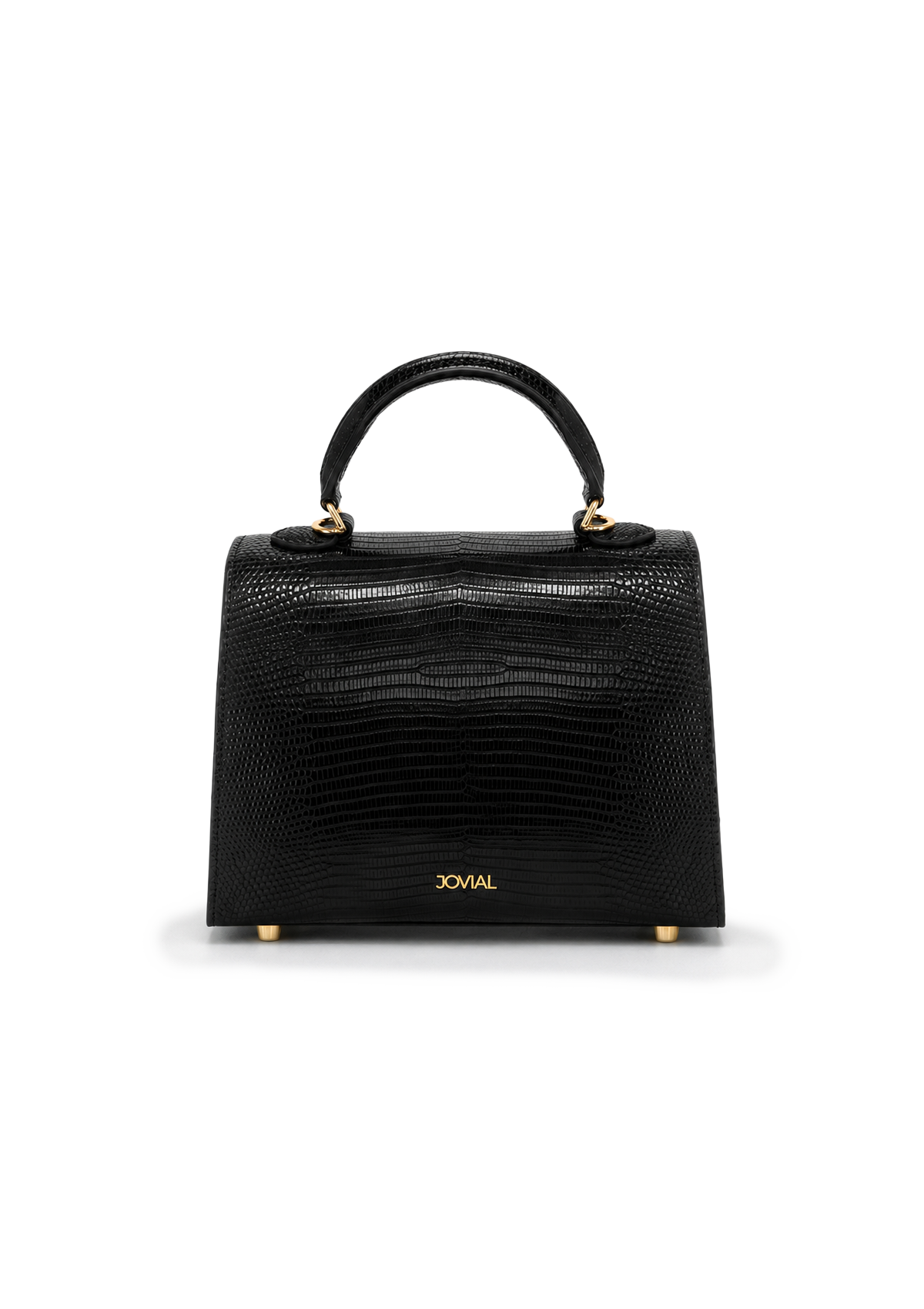 Black handbag with gold accents on a white background