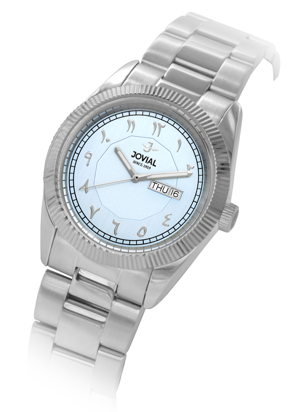 Silver watch with a light blue face on a white background