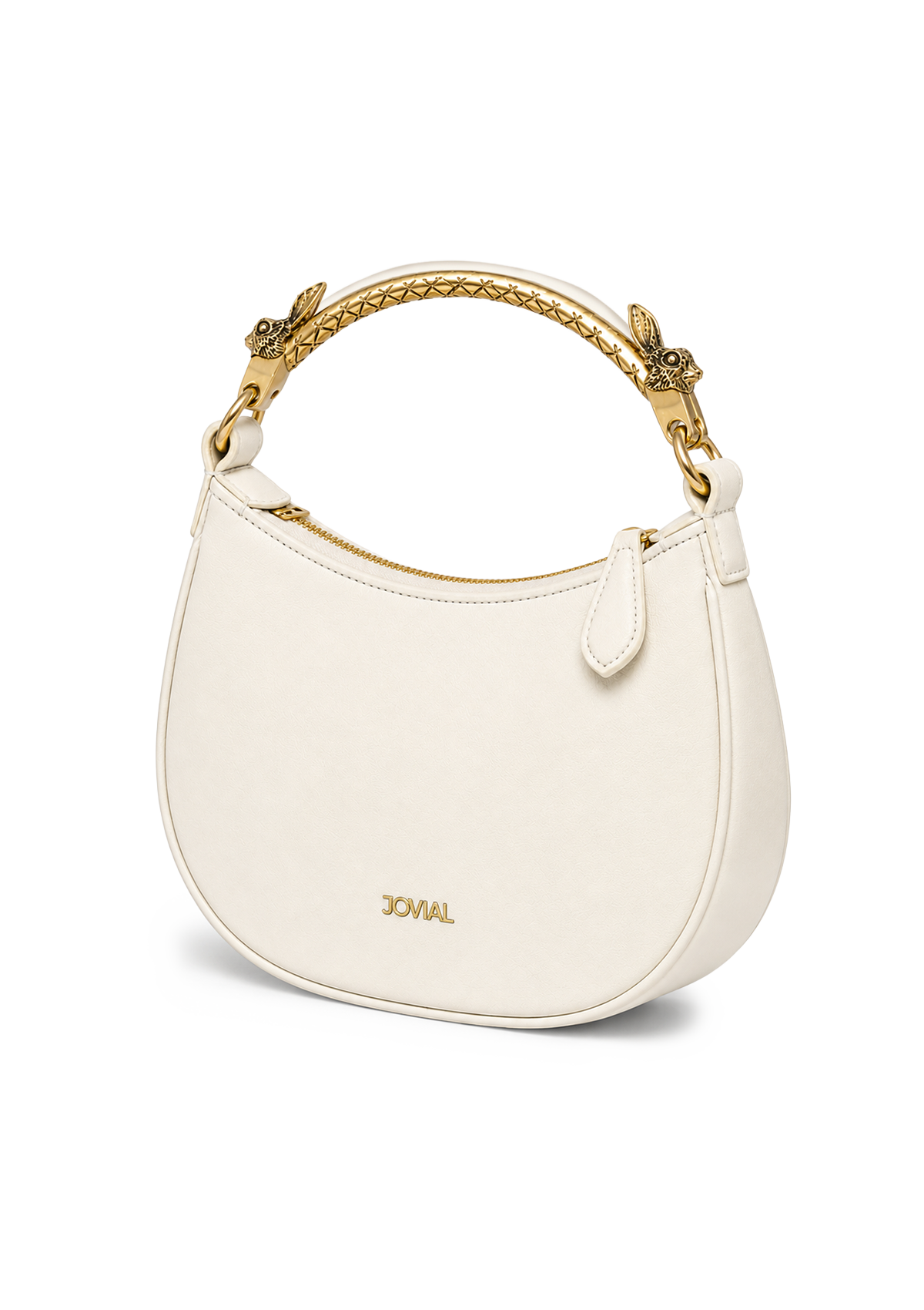 White handbag with gold handle on a white background