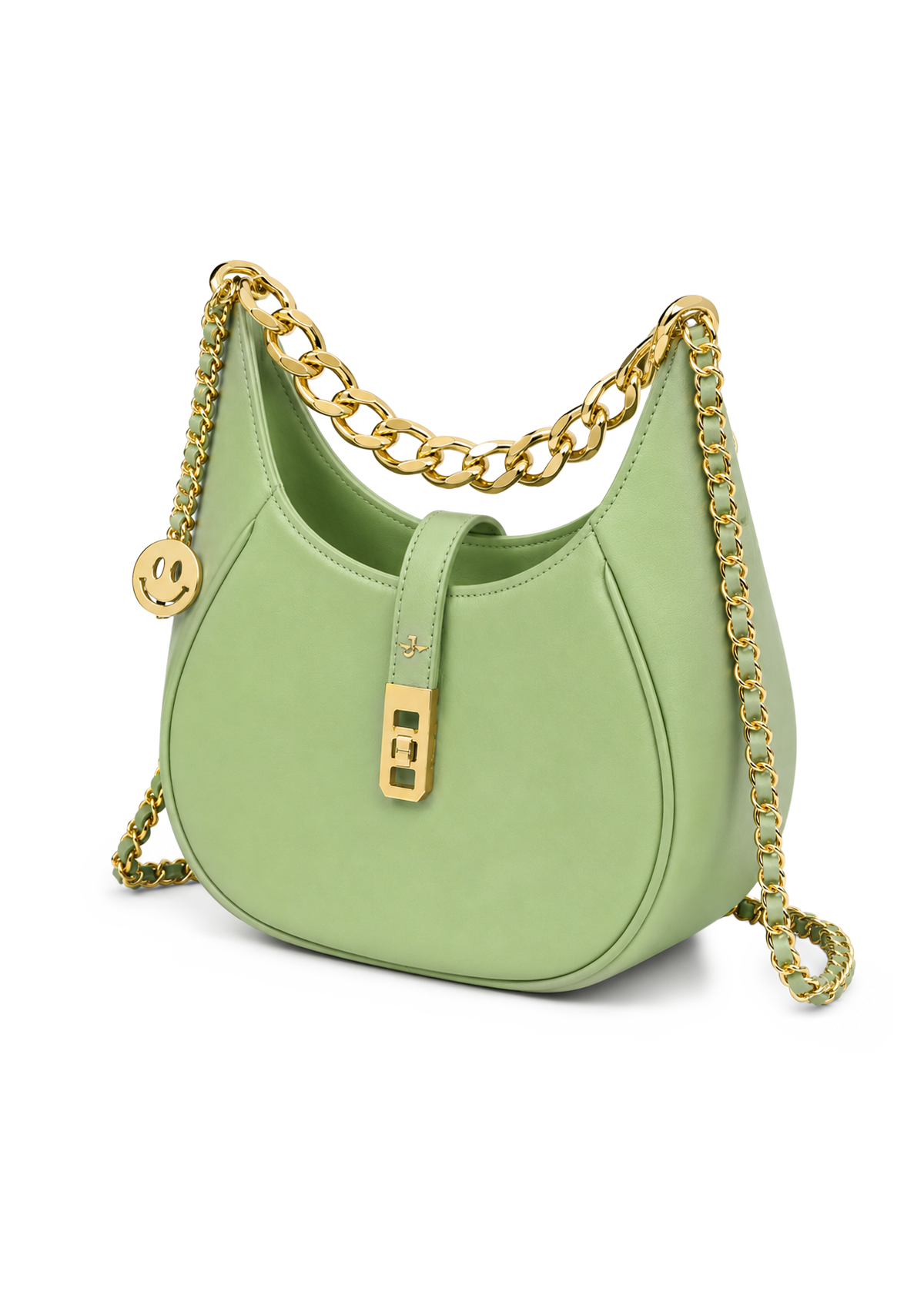 Green handbag with gold chain strap on a white background