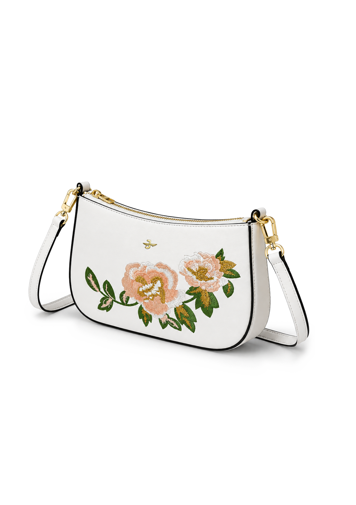 White handbag with floral embroidery on a white background