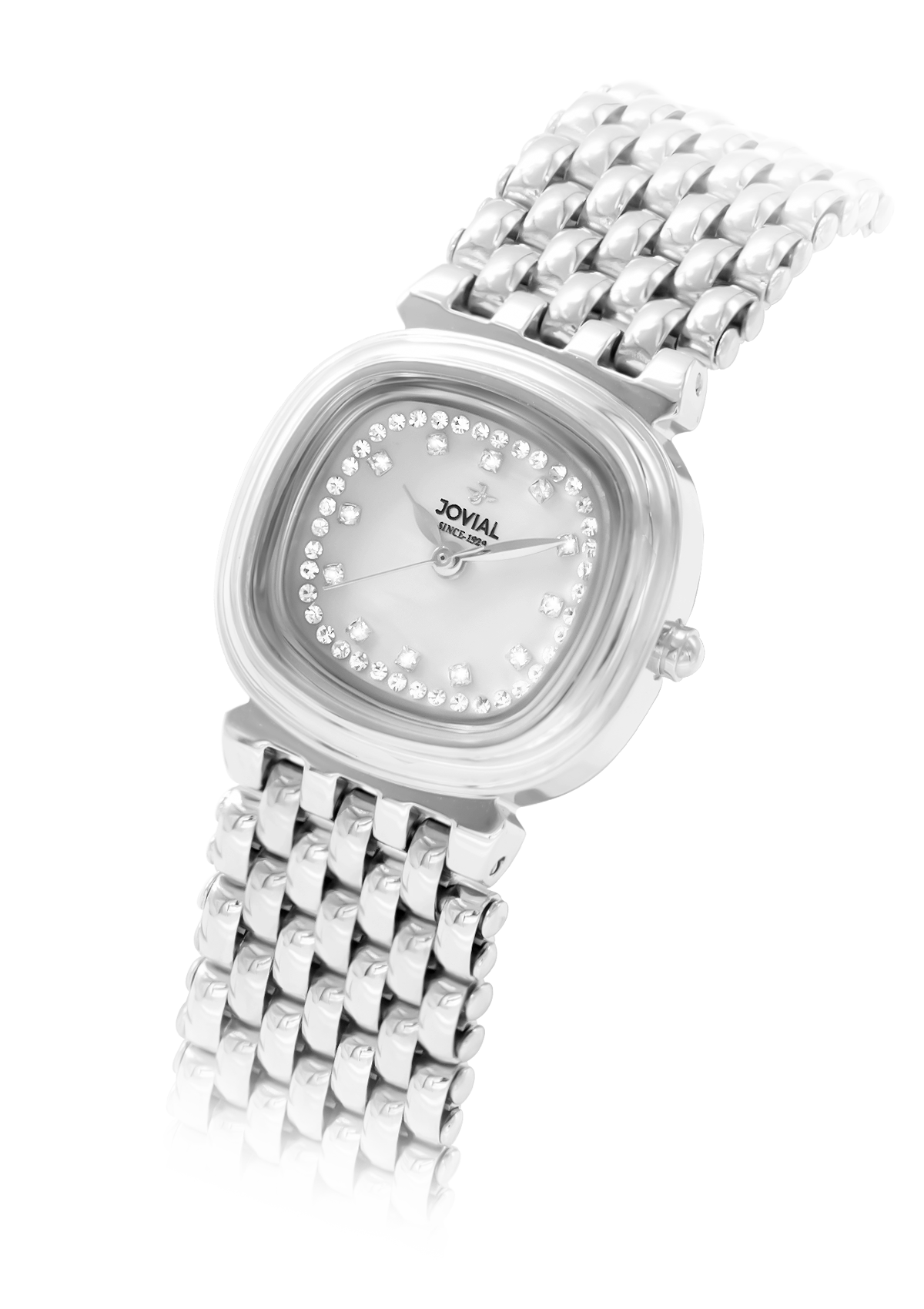 Silver watch with a metal band on a white background