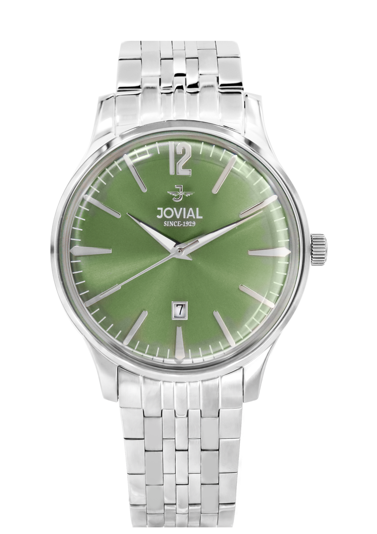 Silver watch with a green face on a white background