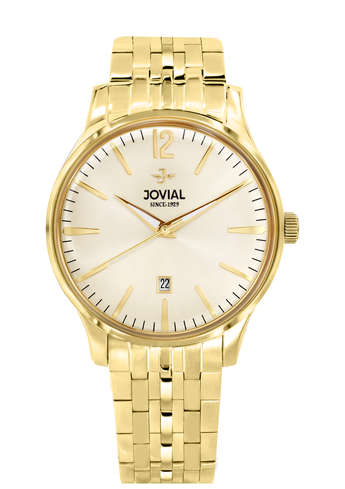 Gold wristwatch with a white face displaying the brand 'Jovial'.