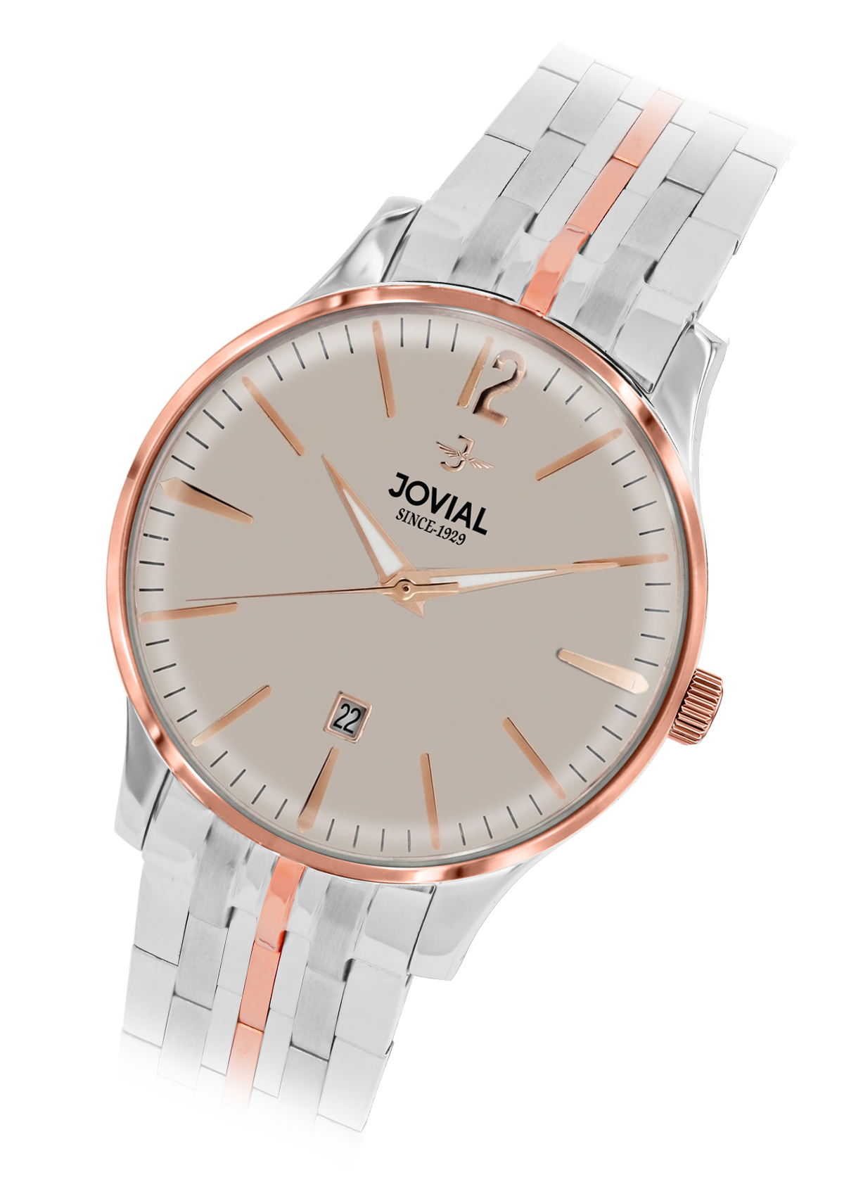 Silver and rose gold watch with 'Jovial' branding on a white background