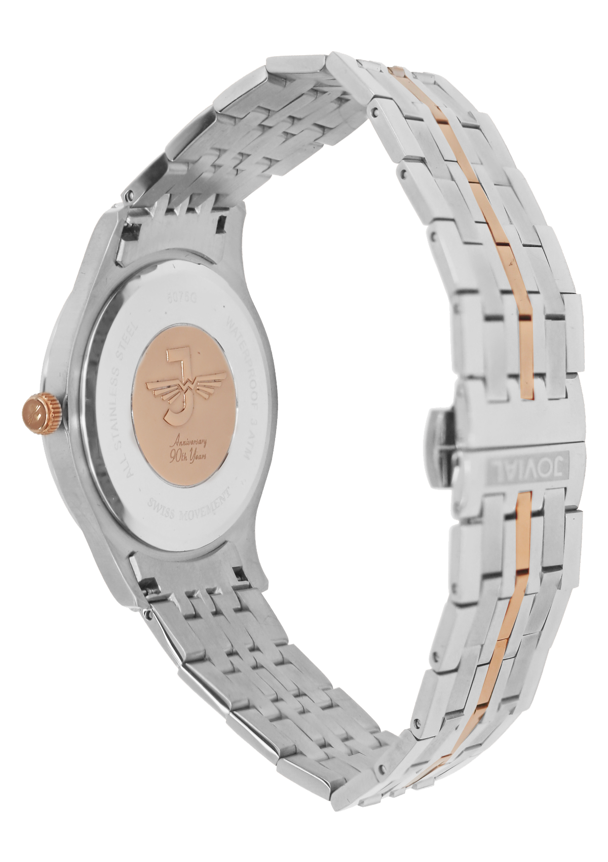 Silver watch with a rose gold accent on a white background