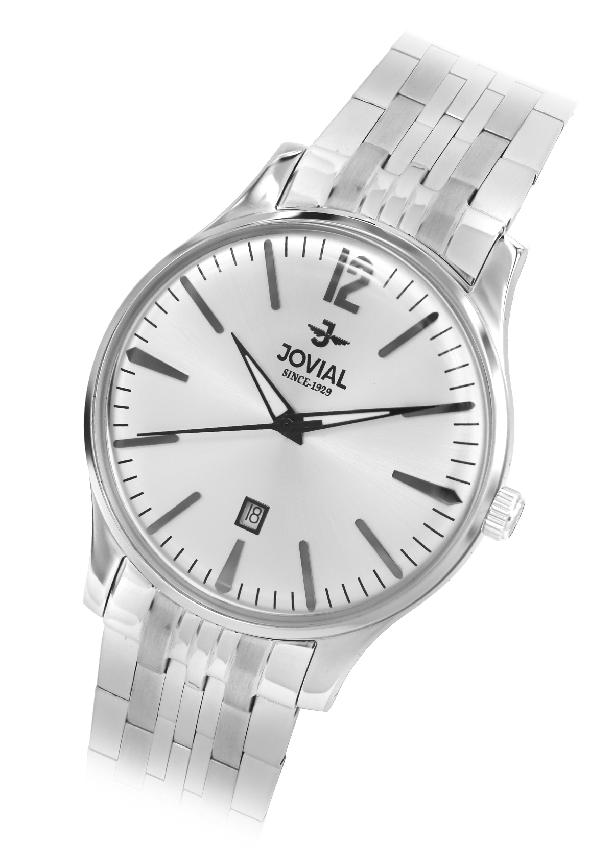 Silver watch with white face on a white background