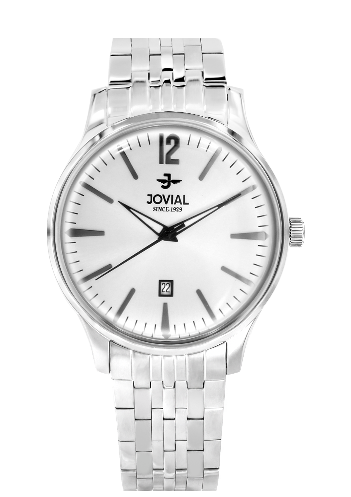 Silver watch with white face on a white background, brand 'Jovial' visible