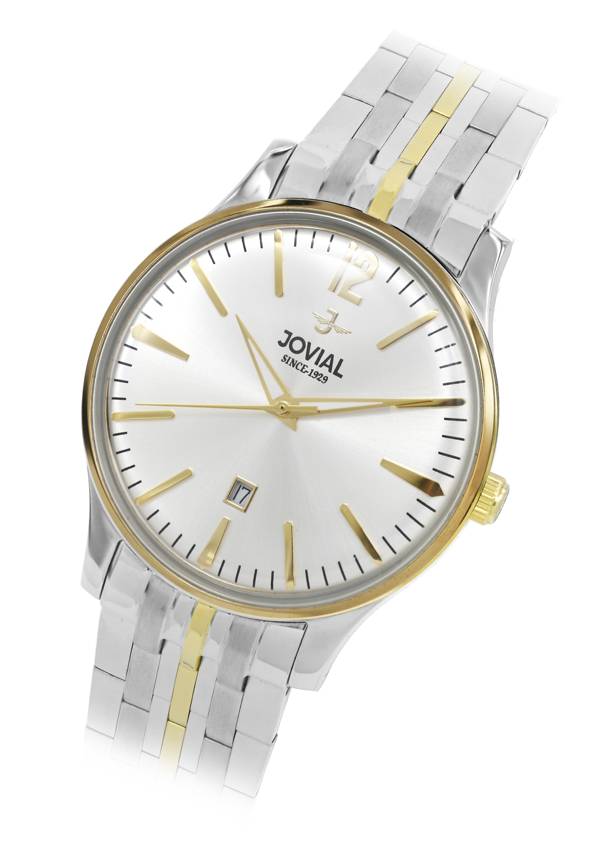 Two-tone watch with silver and gold band on a white background