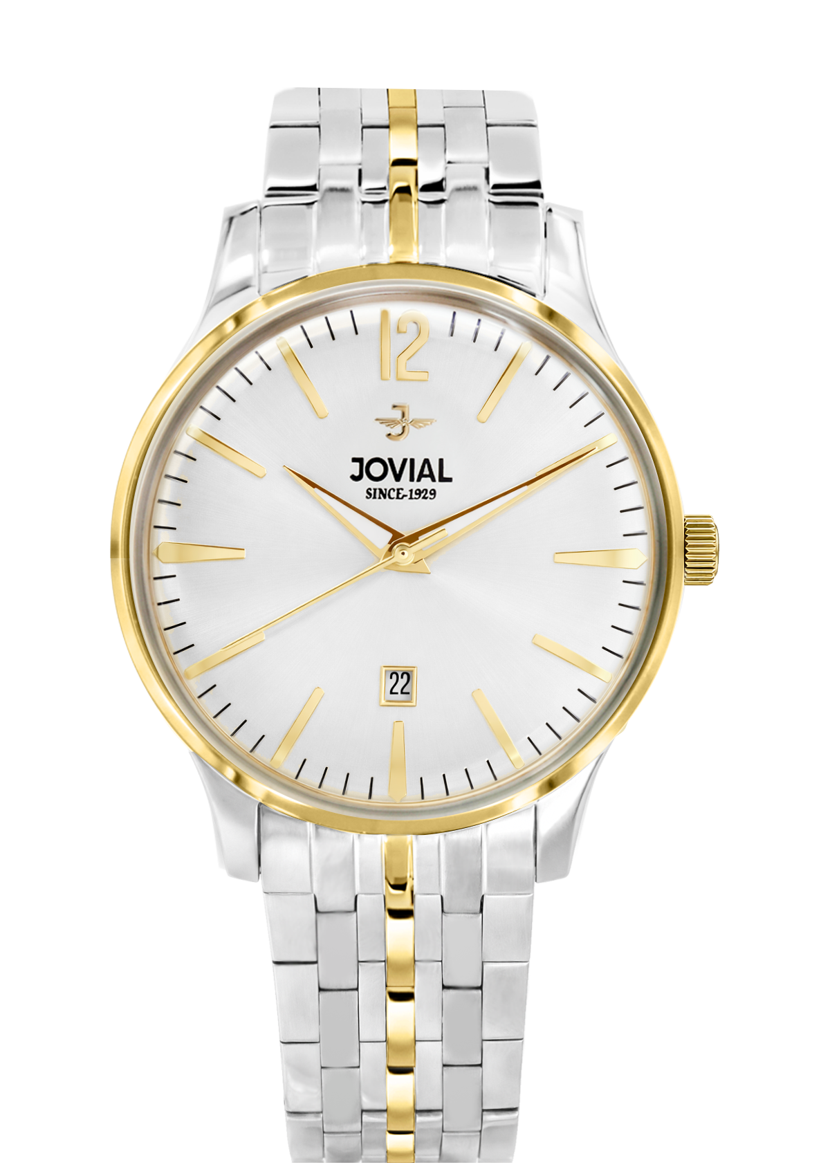 Two-tone silver and gold watch with white face on a white background