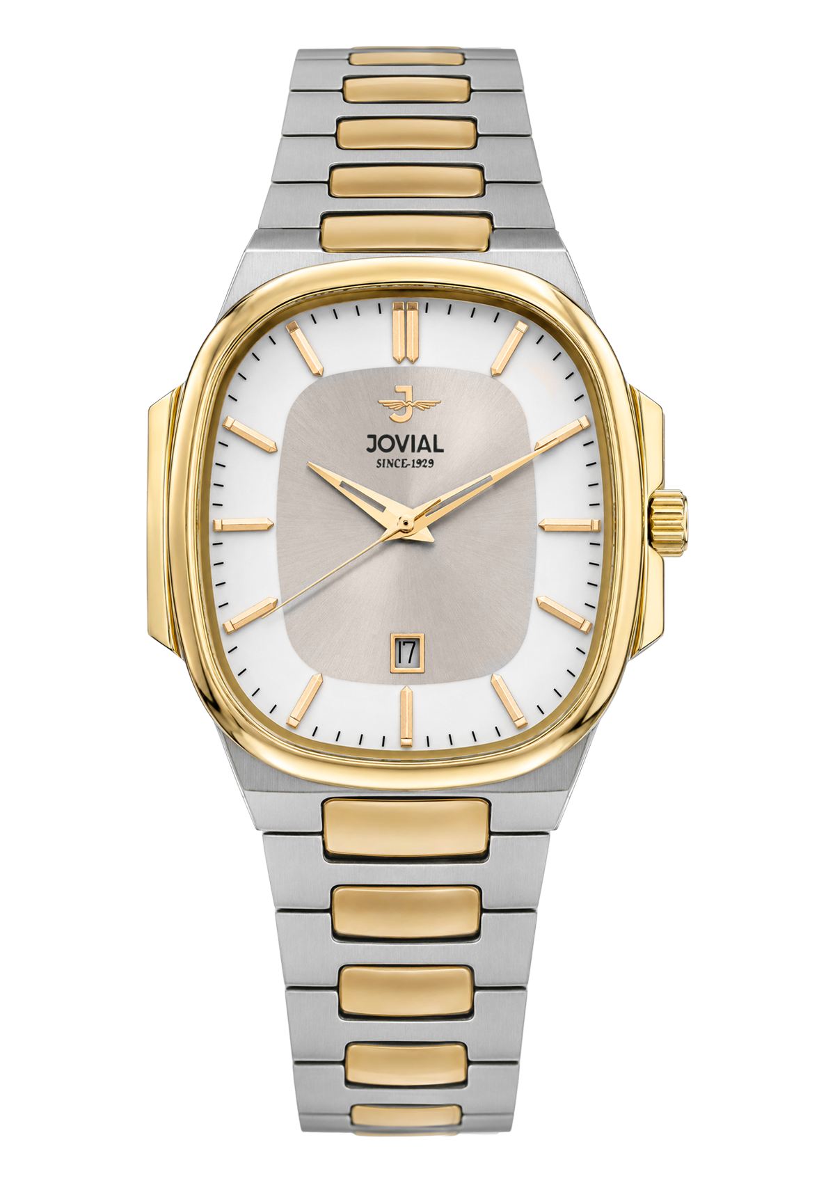 Two-tone watch with gold and silver band on a white background, featuring the brand 'Jovial'.