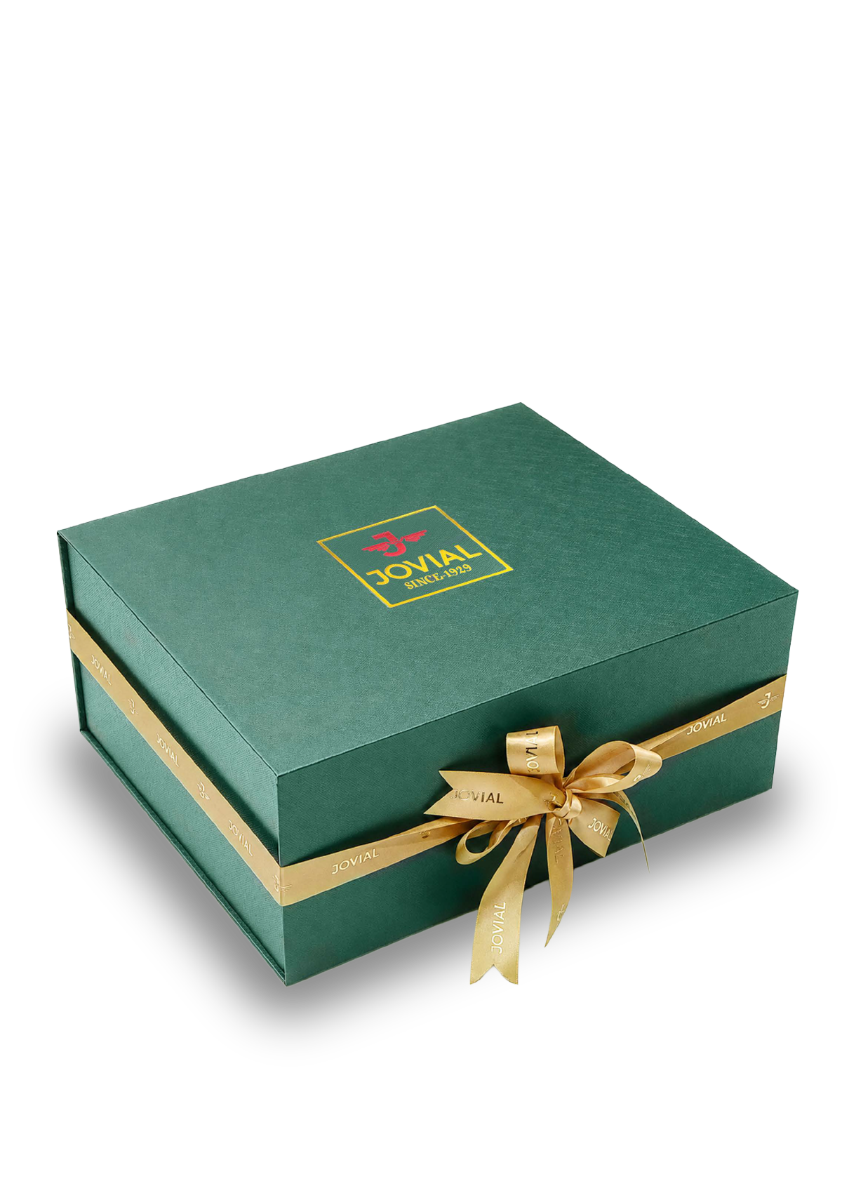 Green gift box with gold ribbon and bow on a white background
