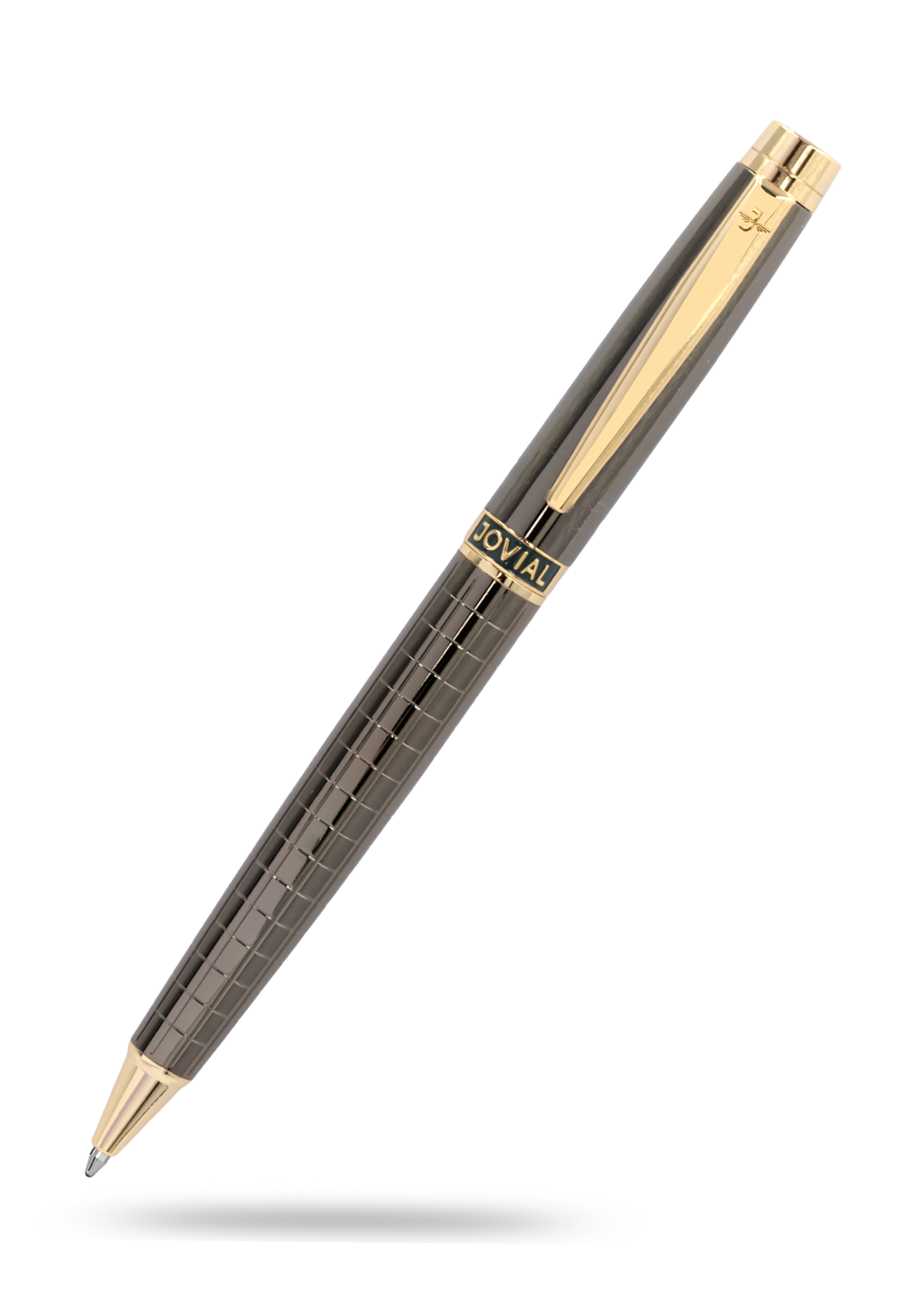 Pen with black and gold design on a white background
