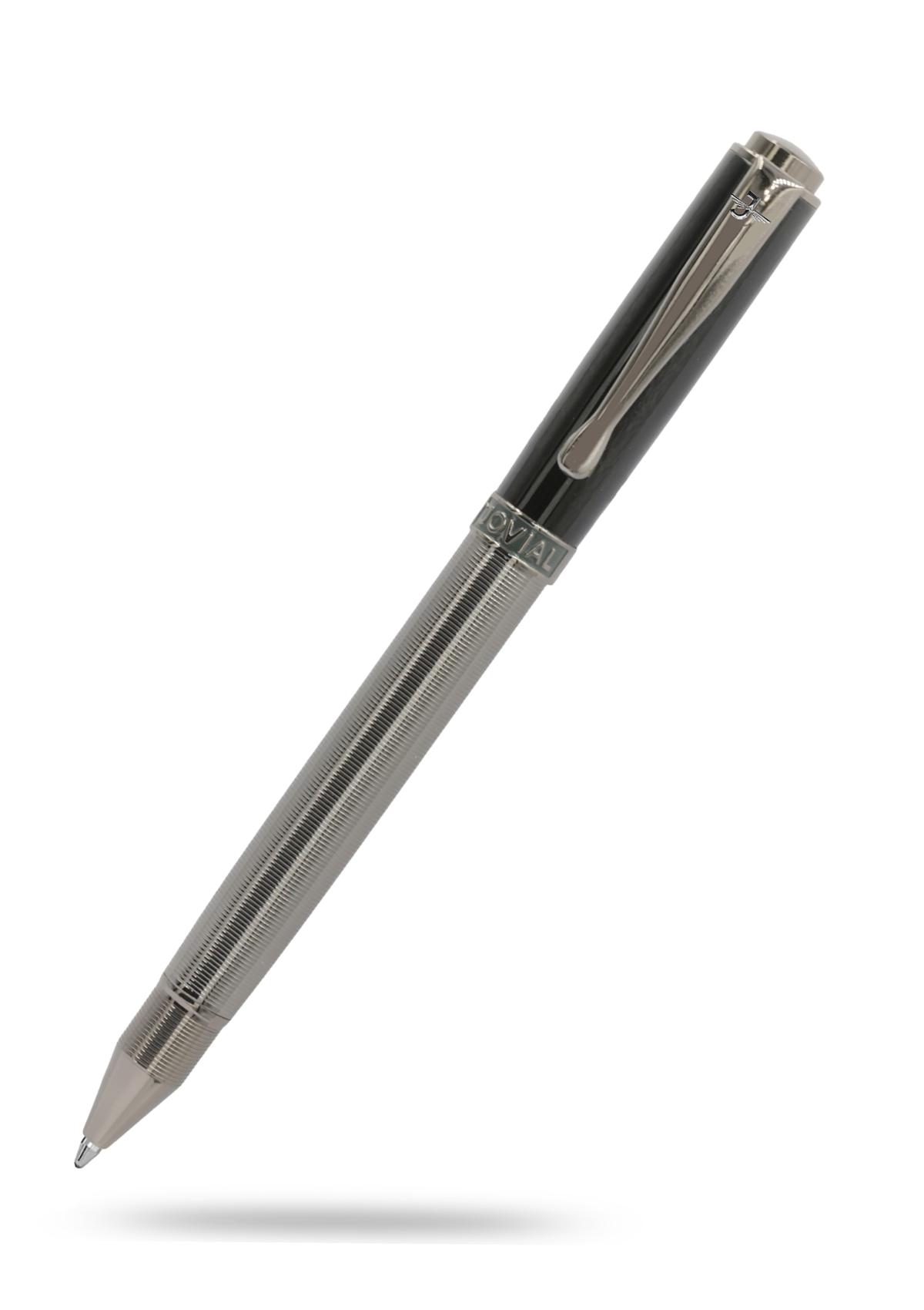 Silver pen with black accents on a white background