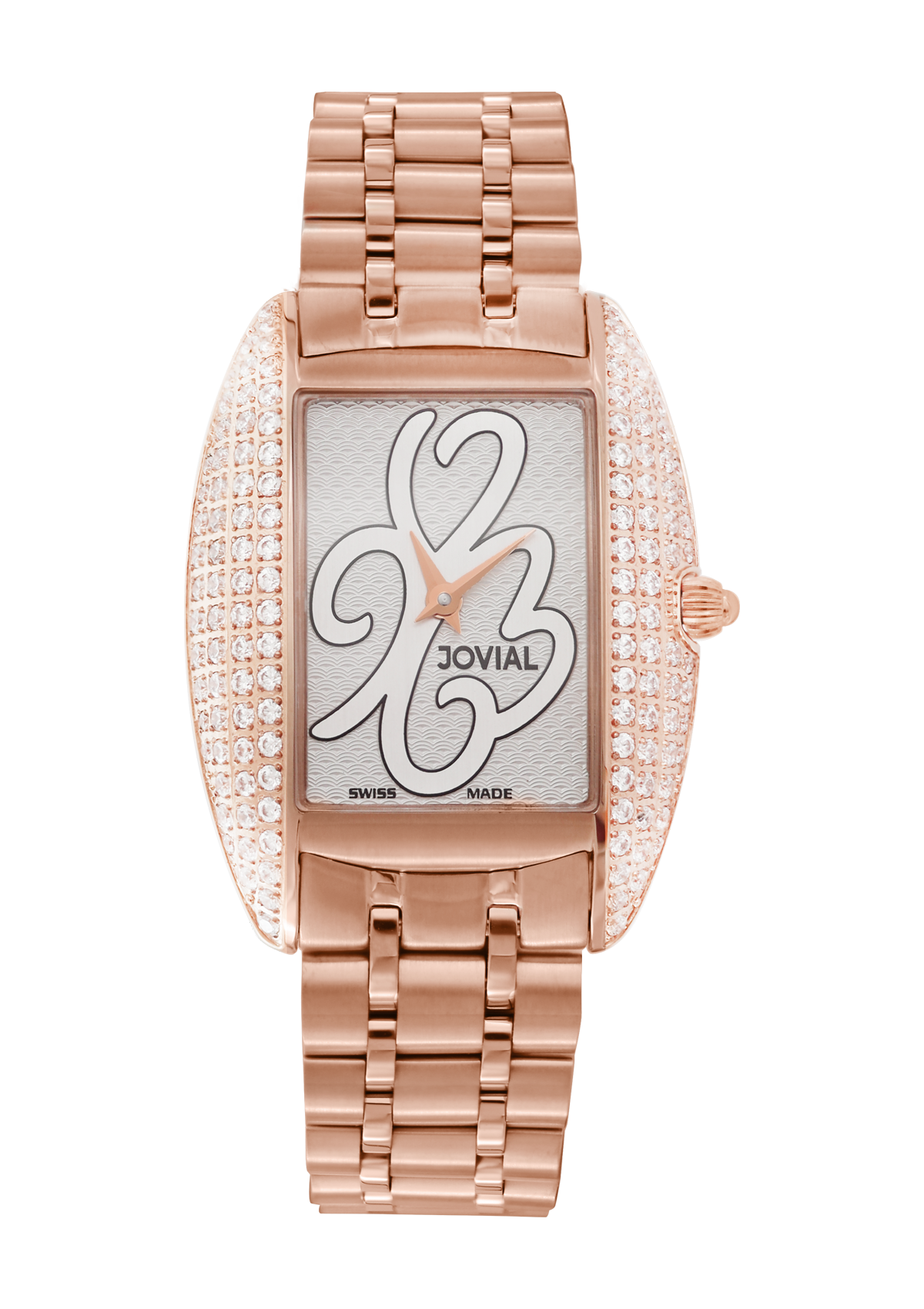 Rose gold watch with diamond-studded face on a white background