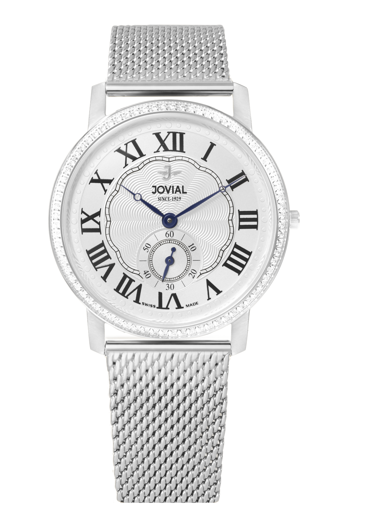 Silver watch with mesh band and Jovial brand on a white background
