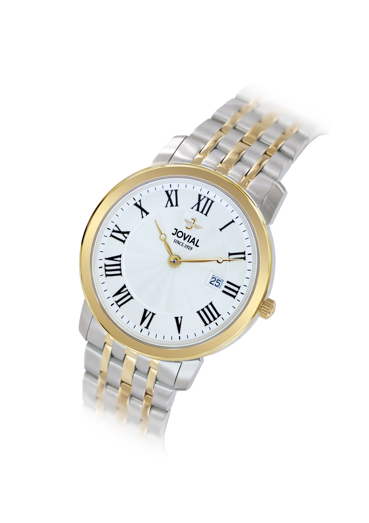 Two-tone watch with a white face and gold accents on a white background