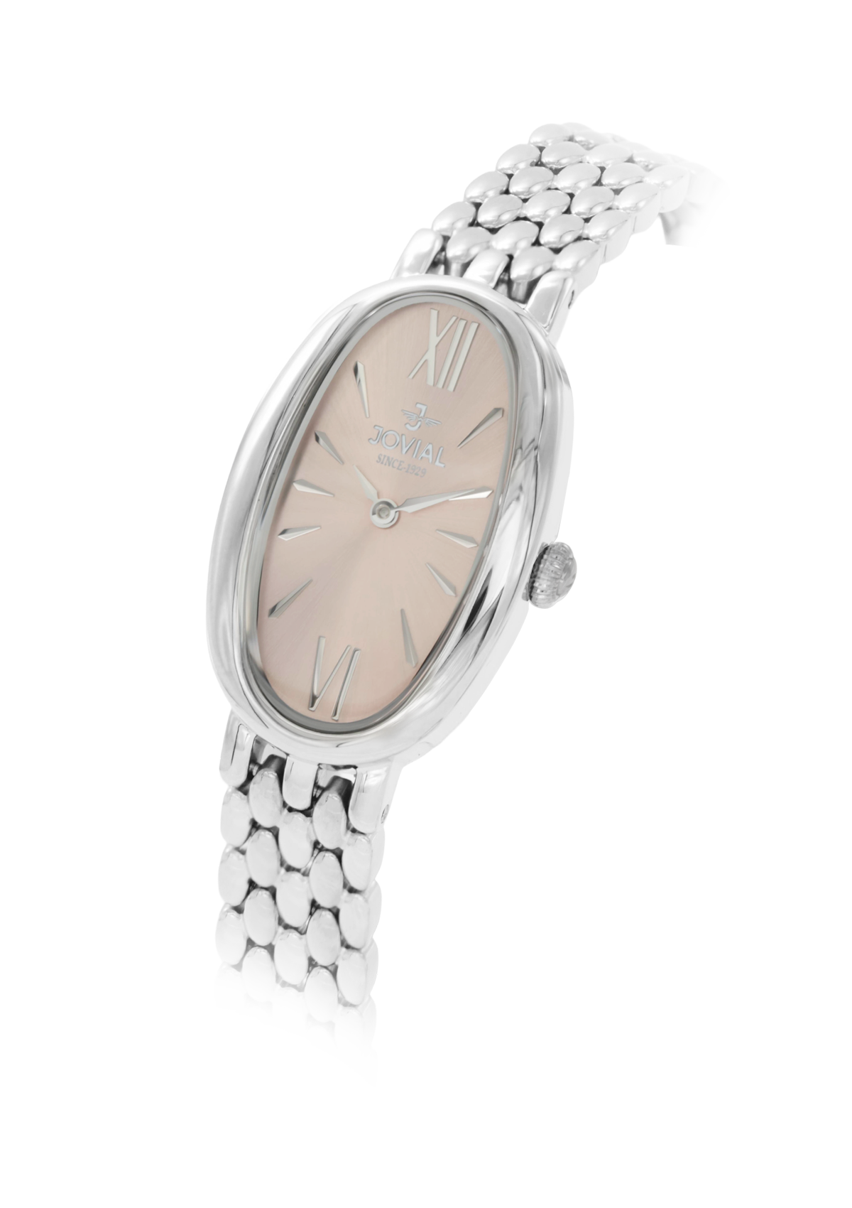 Silver watch with a beige face on a white background