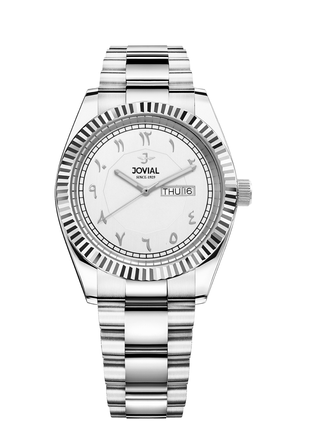 Silver watch with a white face on a white background