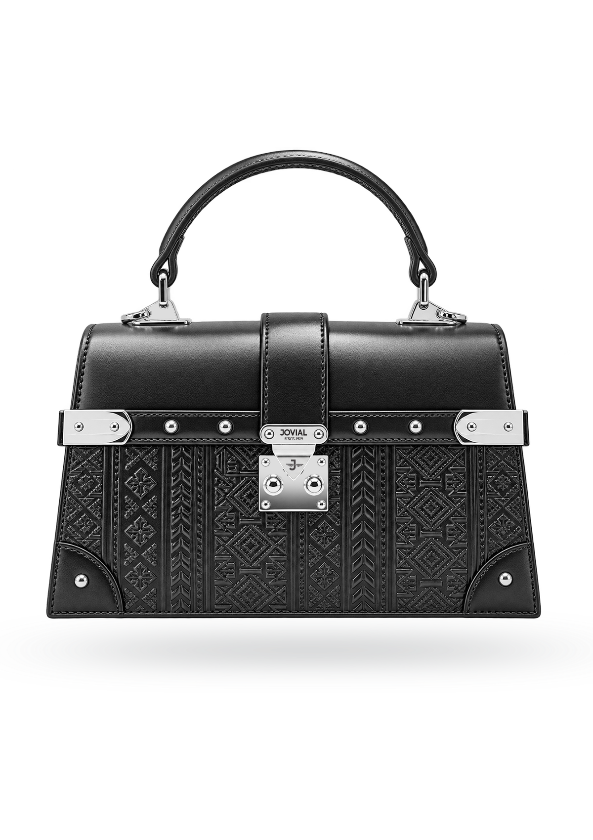 Vintage-Inspired Black Trunk Bag with Embossed Geometric Detail