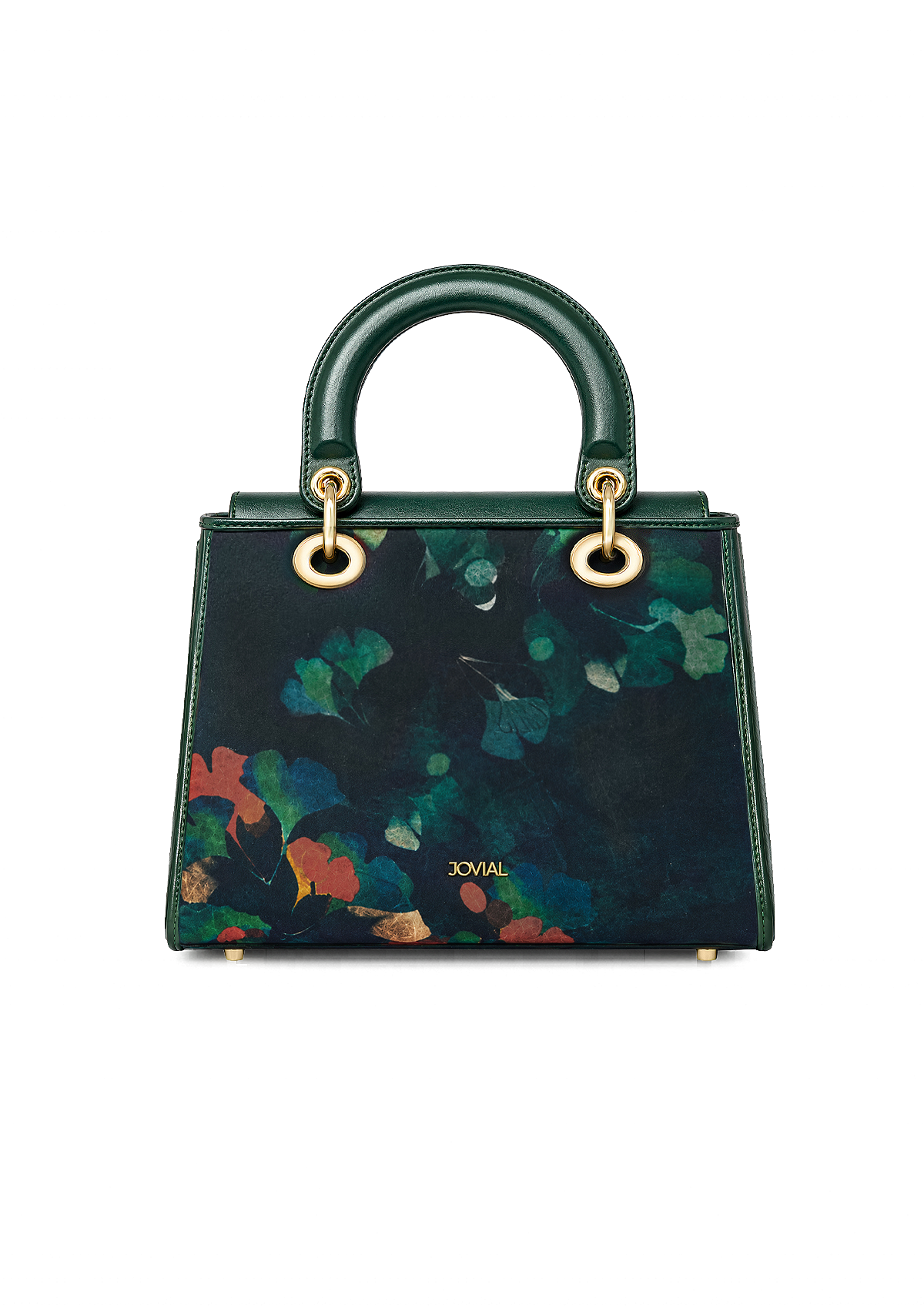 Green handbag with floral pattern on a white background