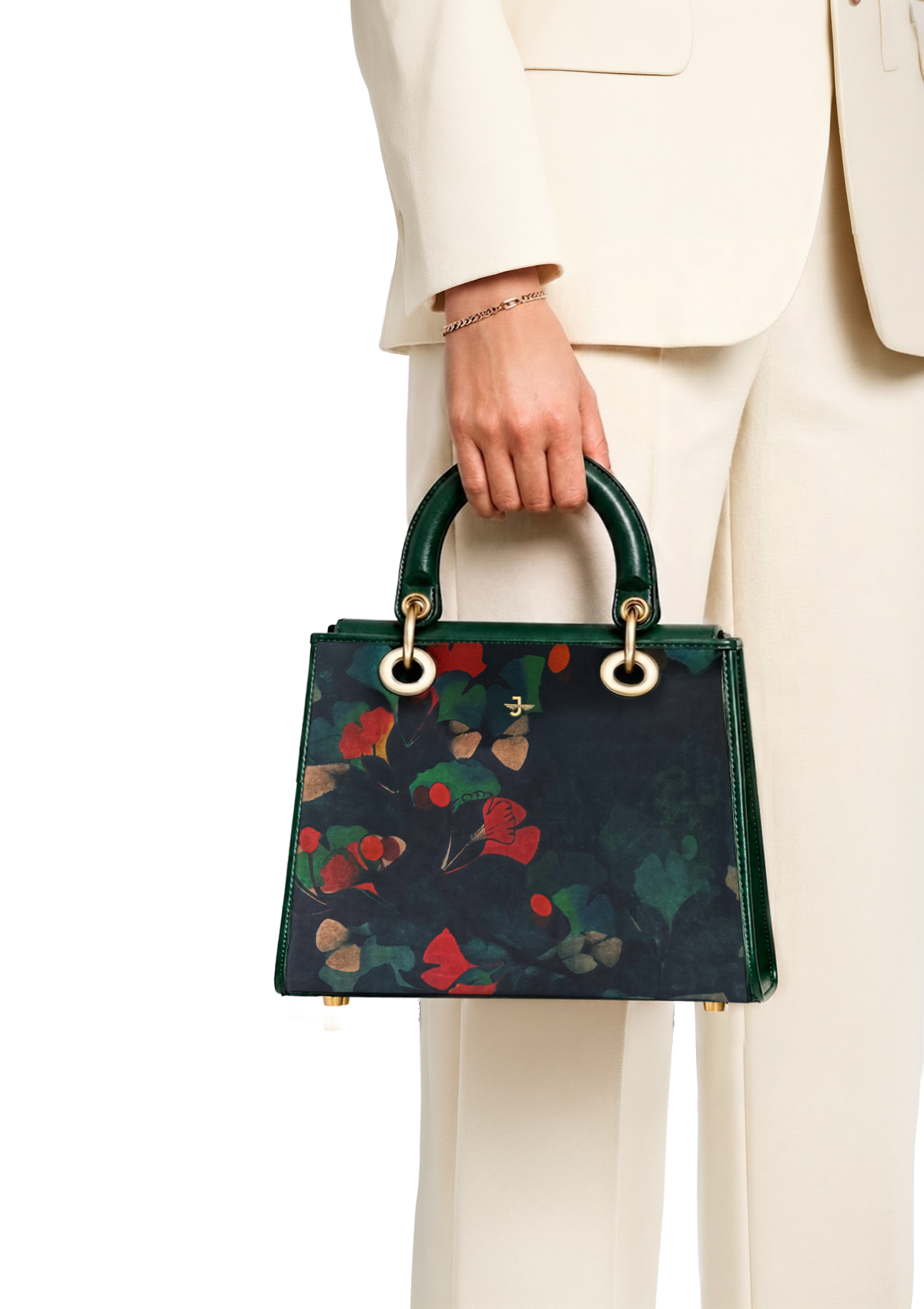 Person holding a floral handbag with a plain background