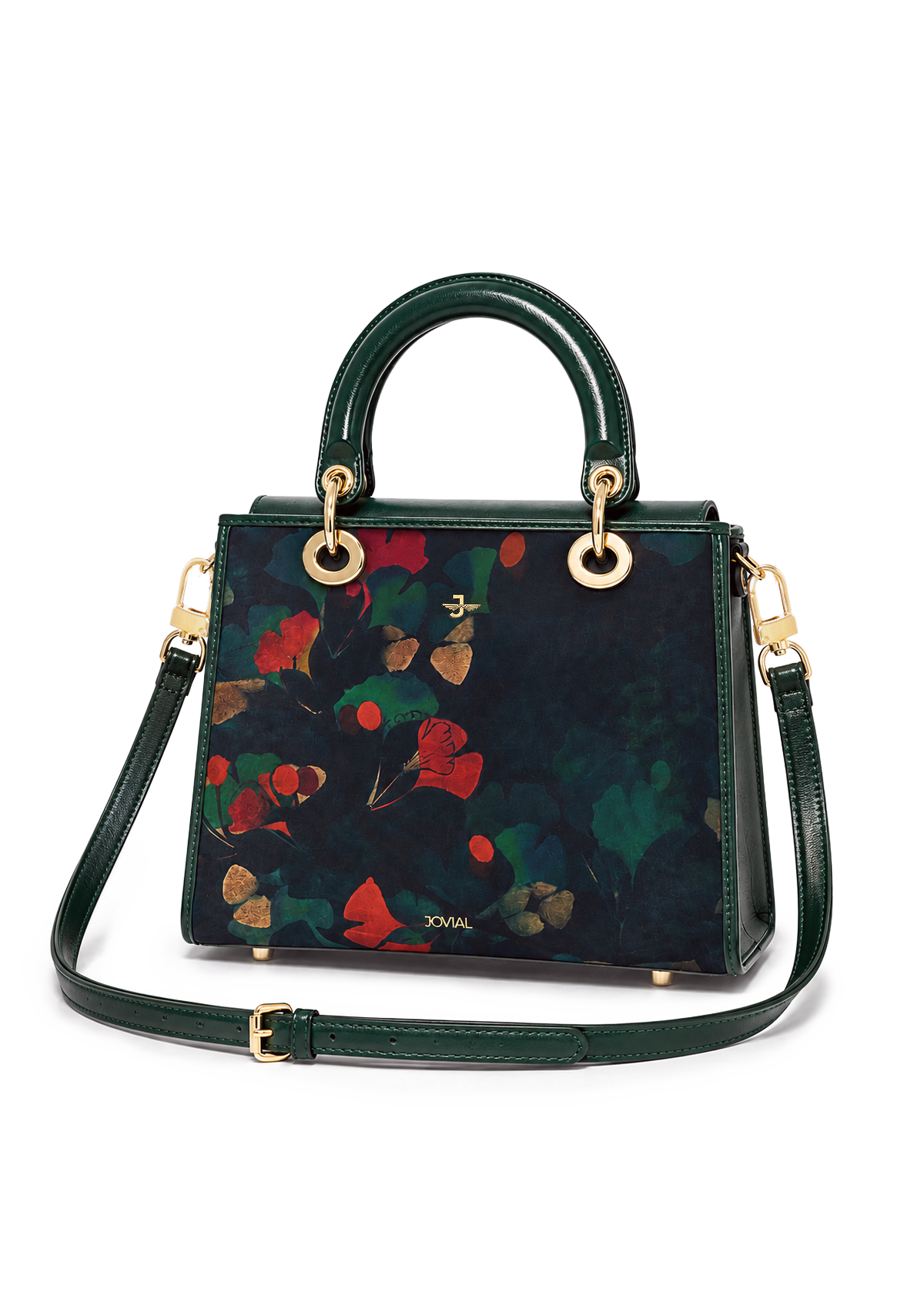 Green handbag with floral pattern on a white background