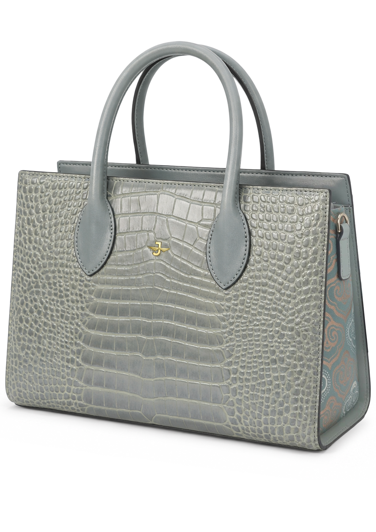 Grey Croc-Embossed Leather Top Handle Handbag