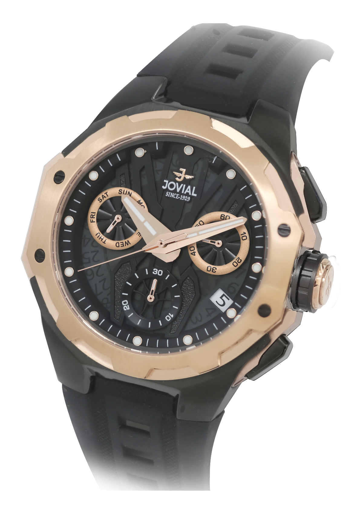 Black and rose gold watch with 'Jovial' branding on a white background
